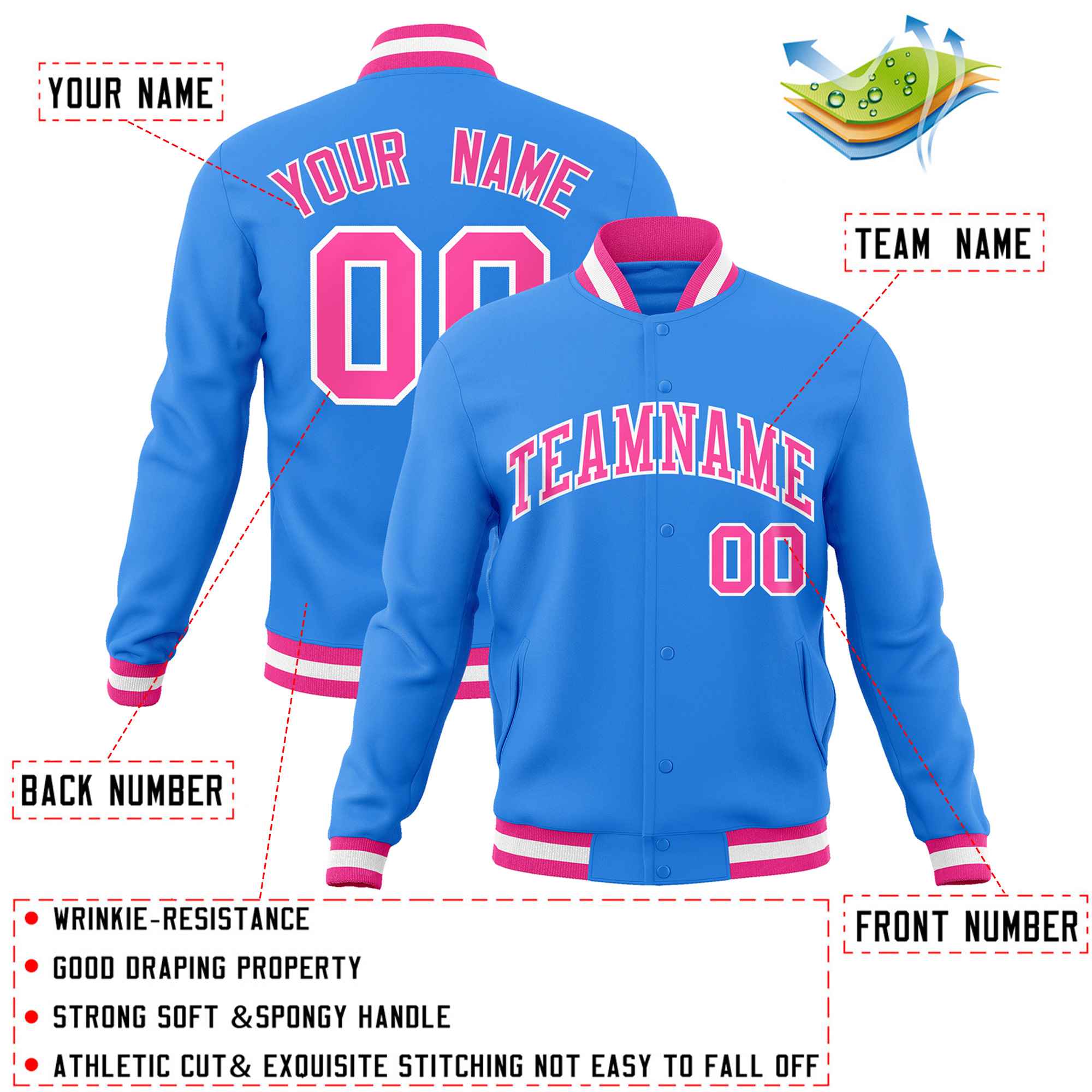 Custom Powder Blue Pink-White Classic Style Varsity Full-Snap Letterman Jacket