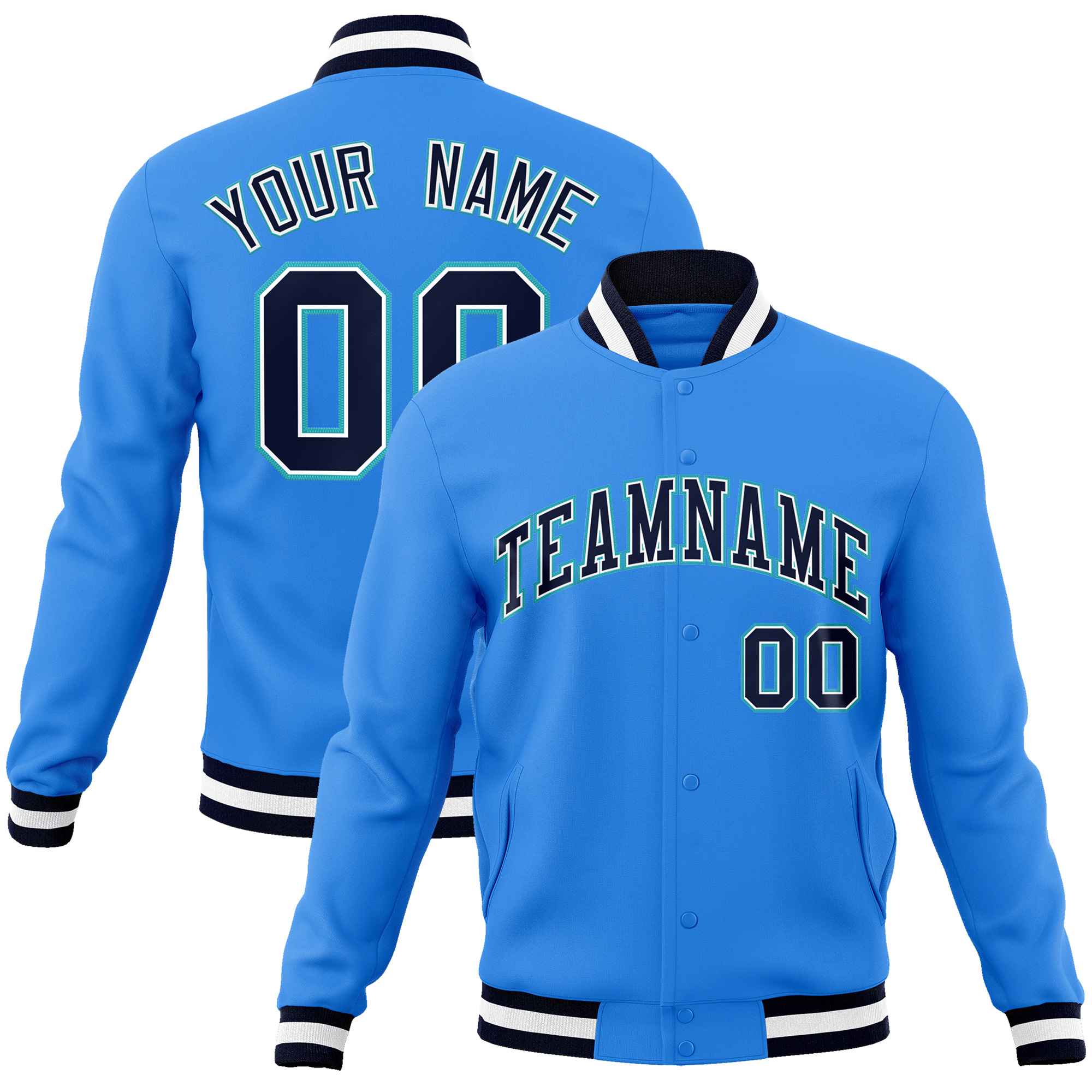 Custom Powder Blue Navy-Aqua Classic Style Varsity Full-Snap Letterman Jacket