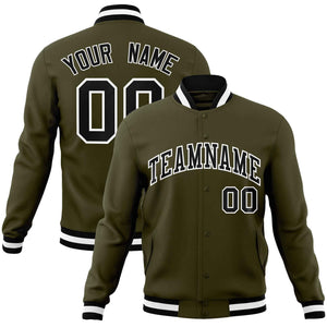 Custom Olive Black-White Classic Style Varsity Full-Snap Letterman Jacket