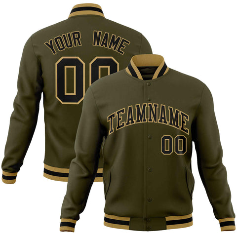 Custom Olive Black-Old Gold Classic Style Varsity Full-Snap Letterman Jacket