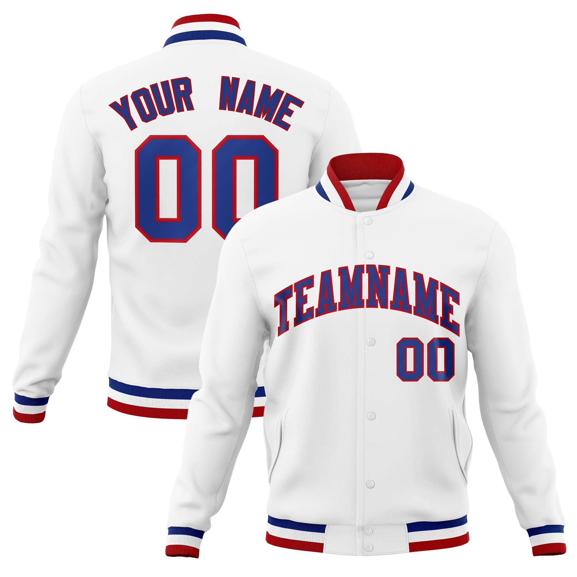 Custom White Royal-Red Classic Style Varsity Full-Snap Letterman Jacket