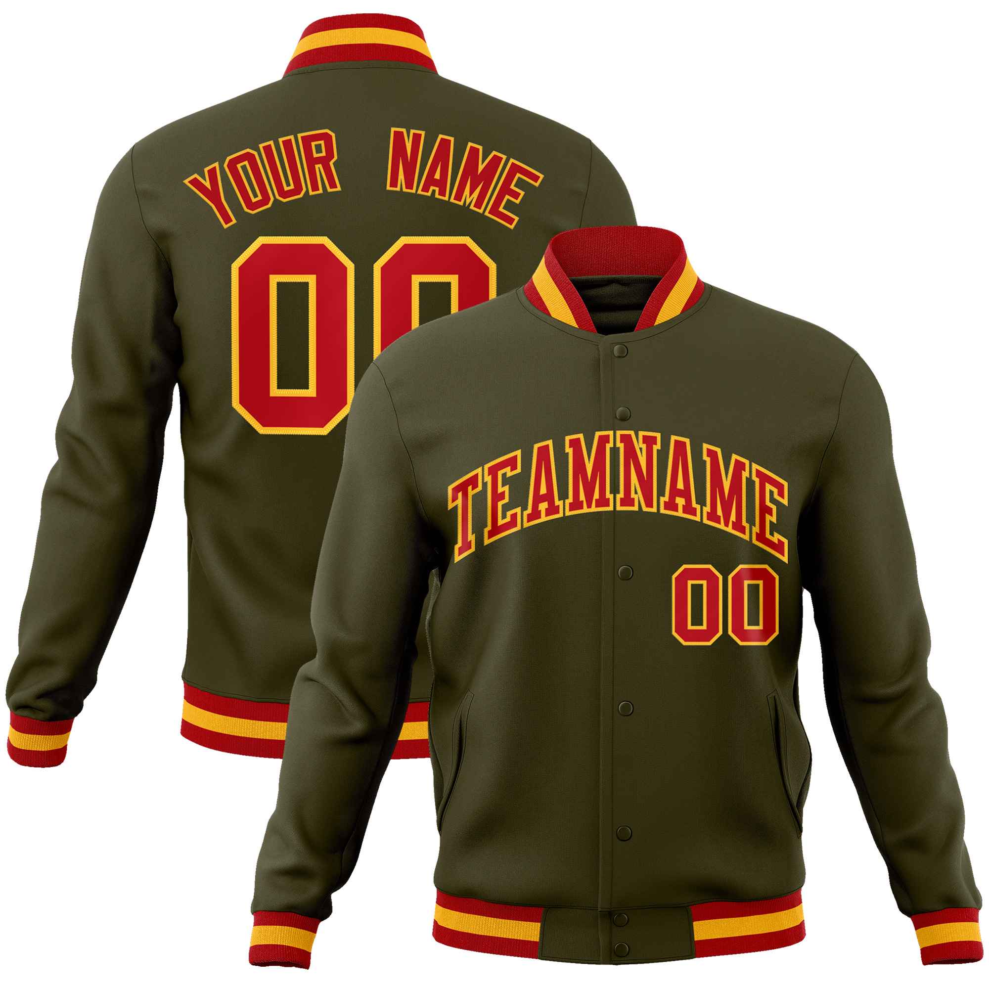 Custom Olive Red-Gold Classic Style Varsity Full-Snap Letterman Jacket