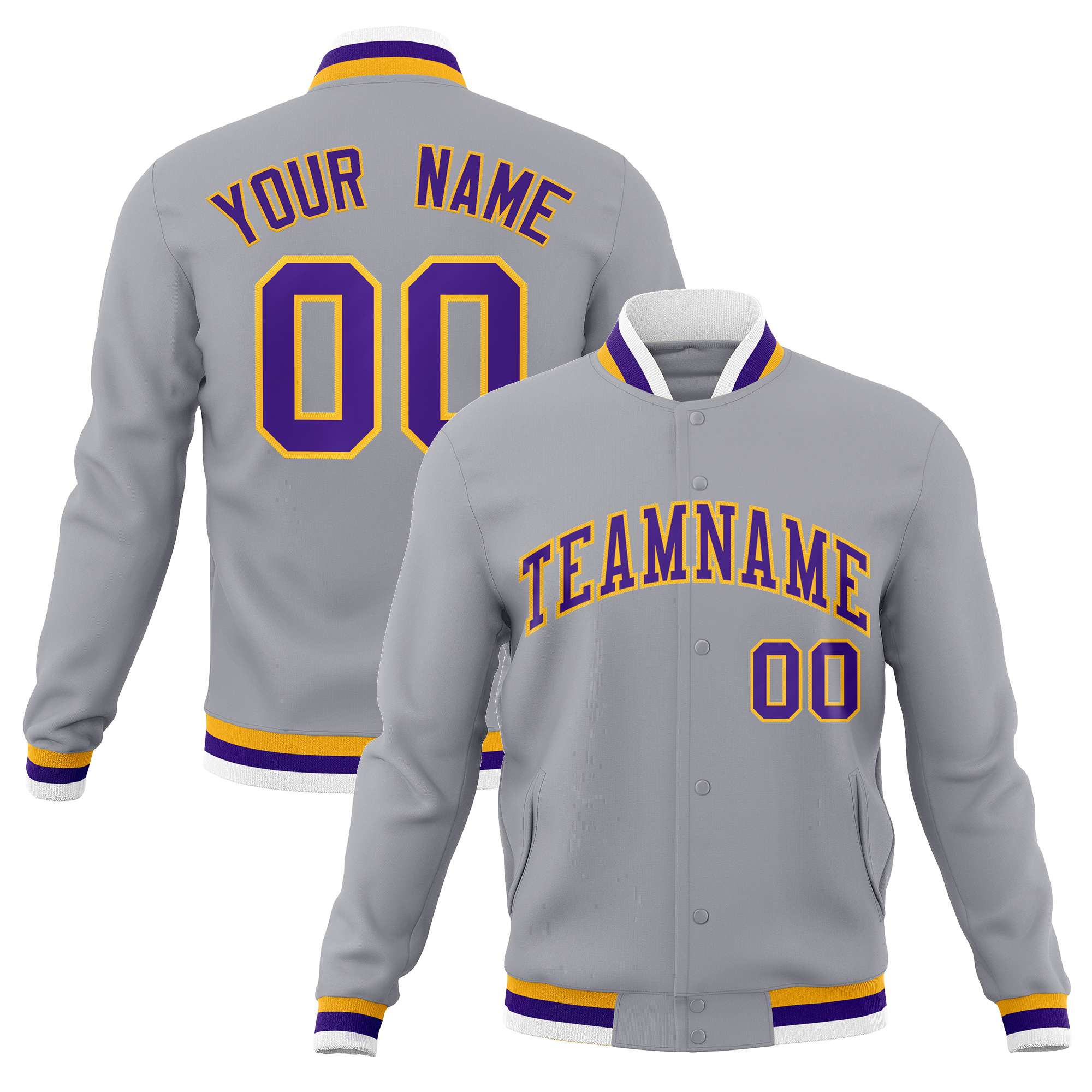 Custom Gray Purple-Gold Classic Style Varsity Full-Snap Letterman Jacket