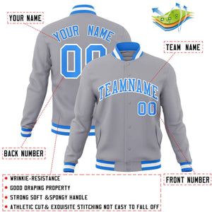 Custom Gray Powder Blue-White Classic Style Varsity Full-Snap Letterman Jacket