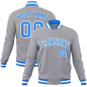 Custom Gray Powder Blue-White Classic Style Varsity Full-Snap Letterman Jacket