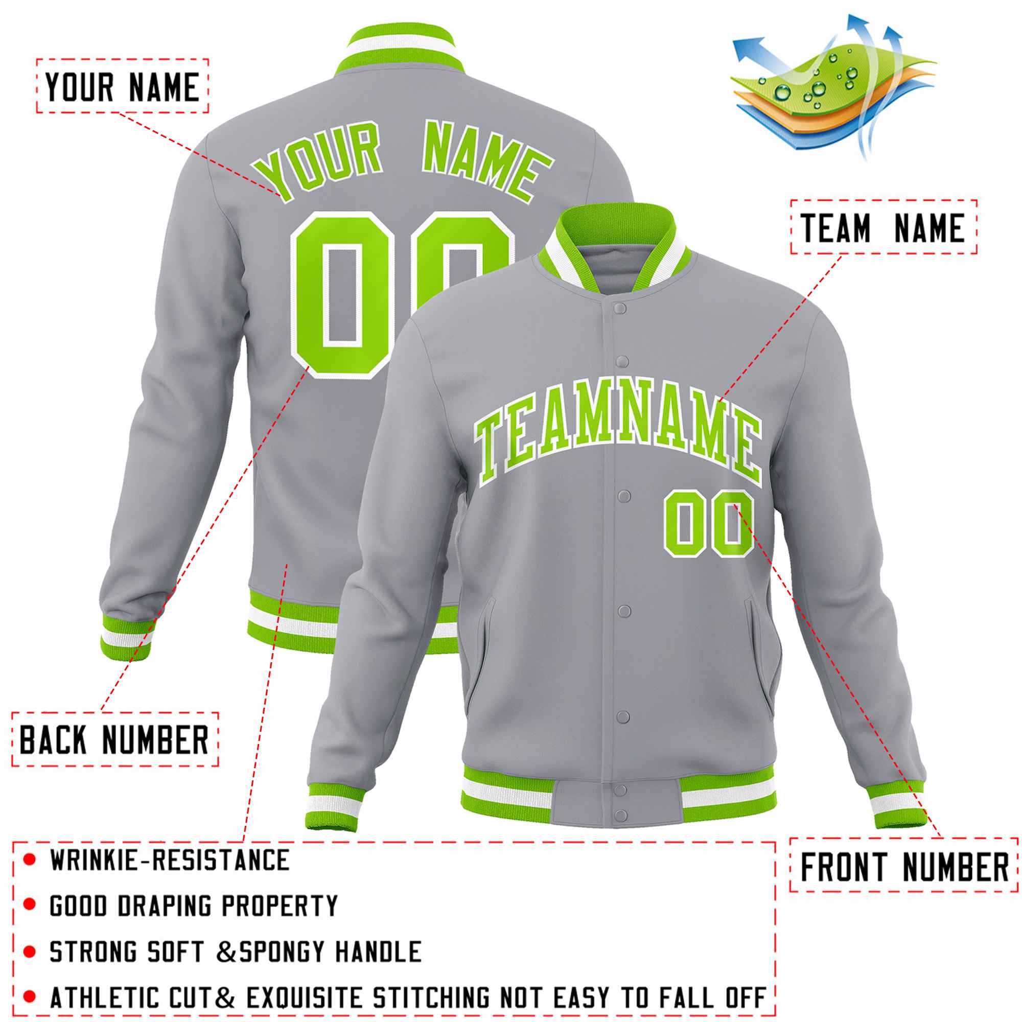 Custom Gray Neon Green-White Classic Style Varsity Full-Snap Letterman Jacket