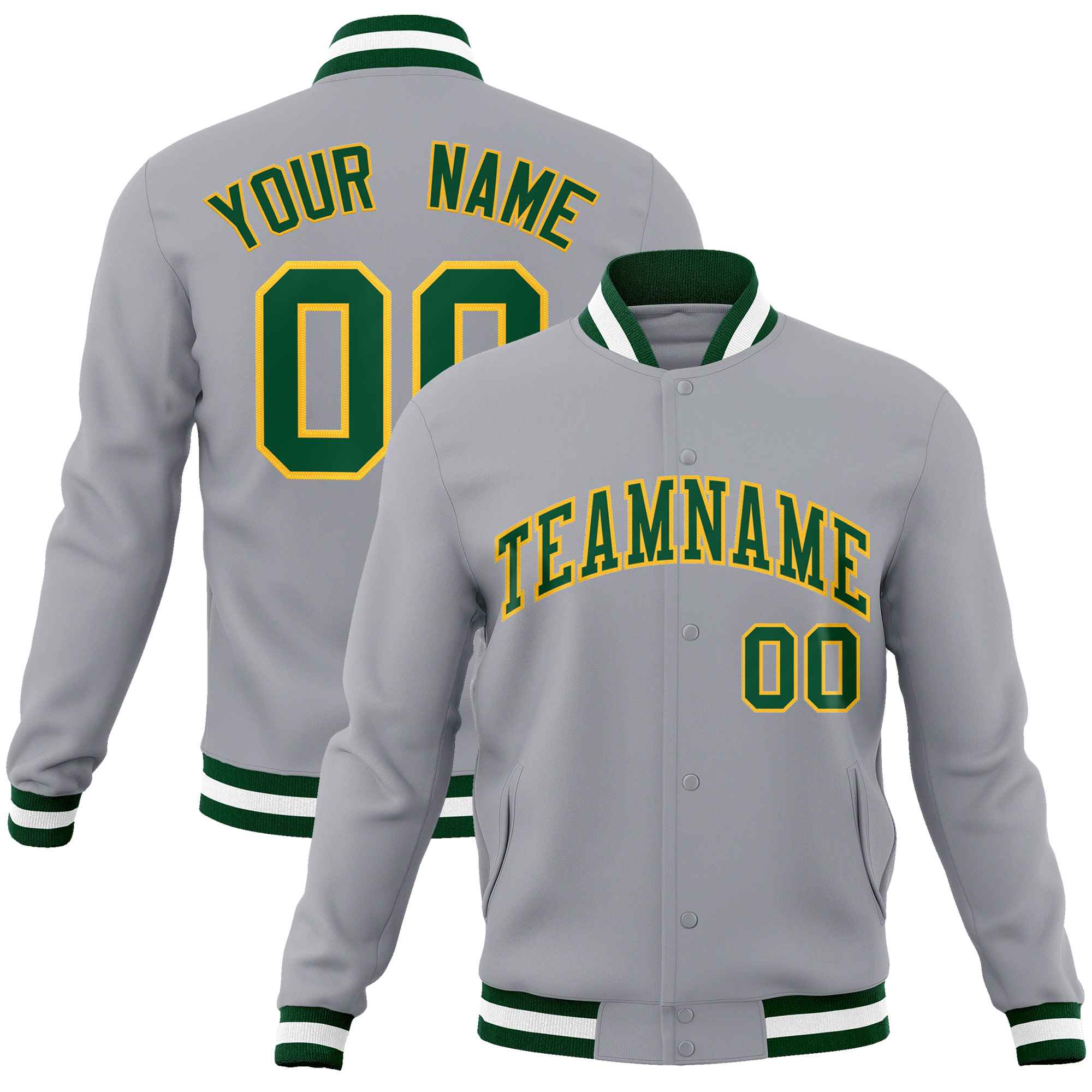 Custom Gray Green-Gold Classic Style Varsity Full-Snap Letterman Jacket