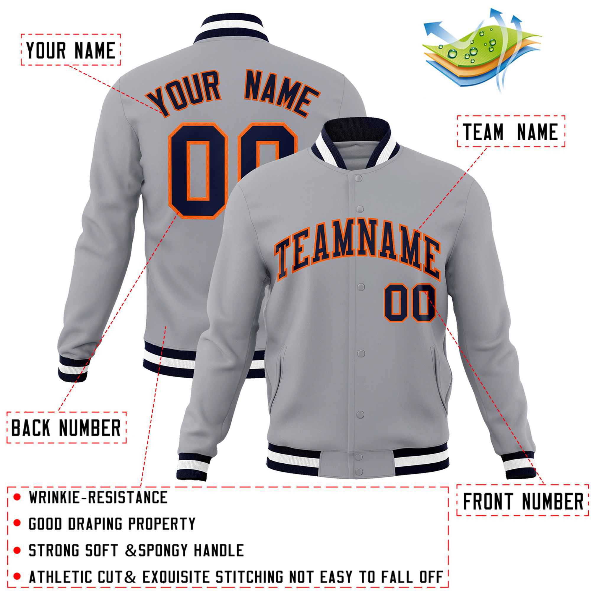 Custom Gray Navy-Orange Classic Style Varsity Full-Snap Letterman Jacket