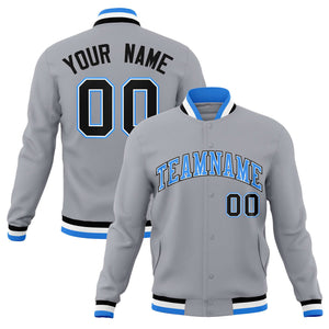 Custom Gray Powder Blue-Black Classic Style Varsity Full-Snap Letterman Jacket