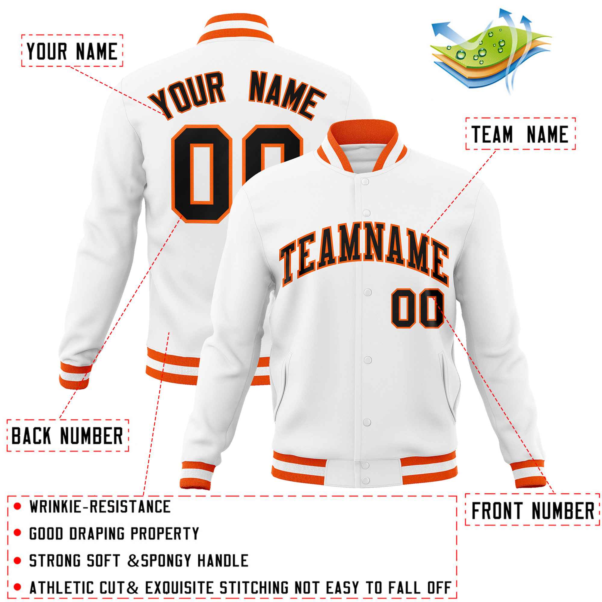 Custom White Black-Orange Classic Style Varsity Full-Snap Letterman Jacket