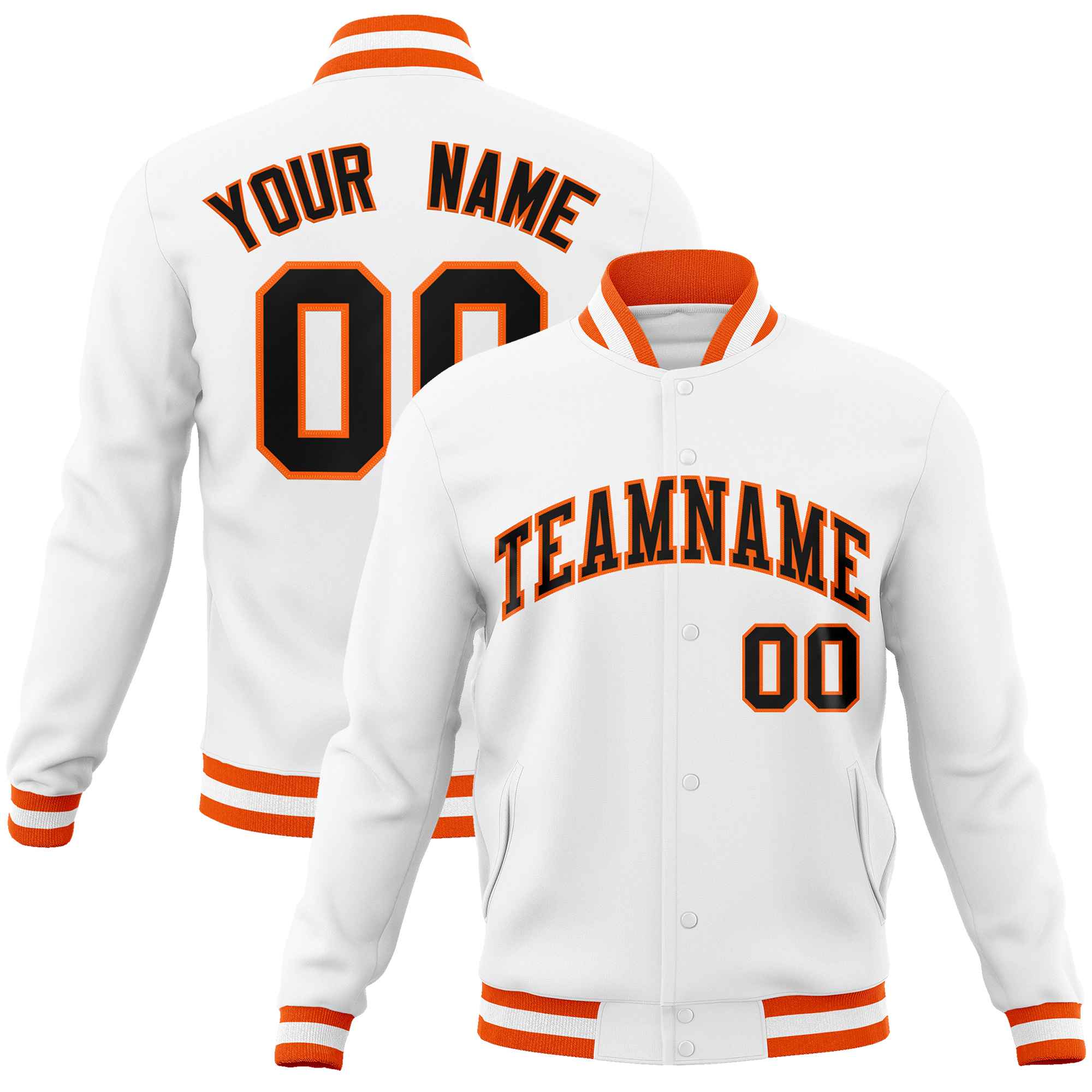 Custom White Black-Orange Classic Style Varsity Full-Snap Letterman Jacket