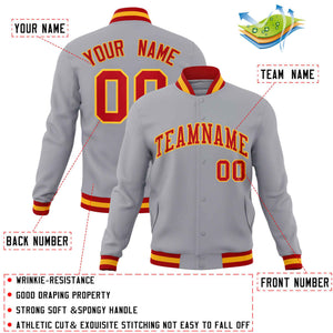 Custom Gray Red-Gold Classic Style Varsity Full-Snap Letterman Jacket