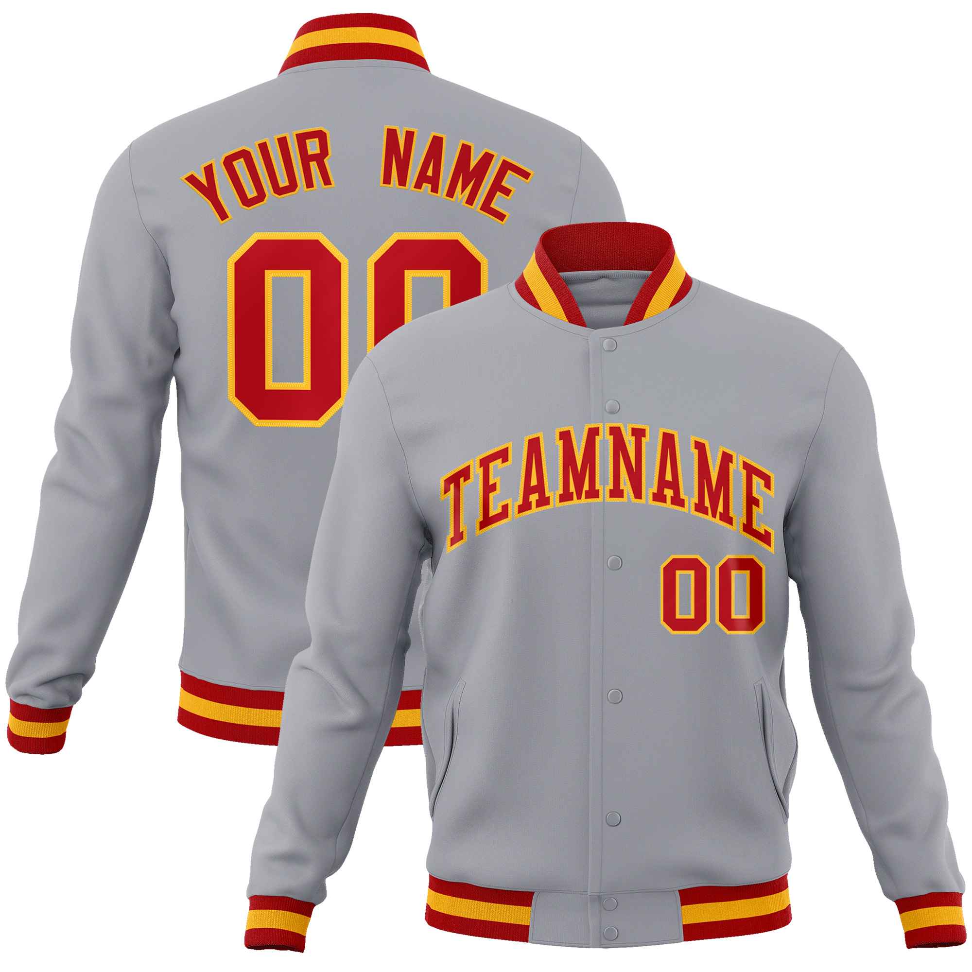 Custom Gray Red-Gold Classic Style Varsity Full-Snap Letterman Jacket