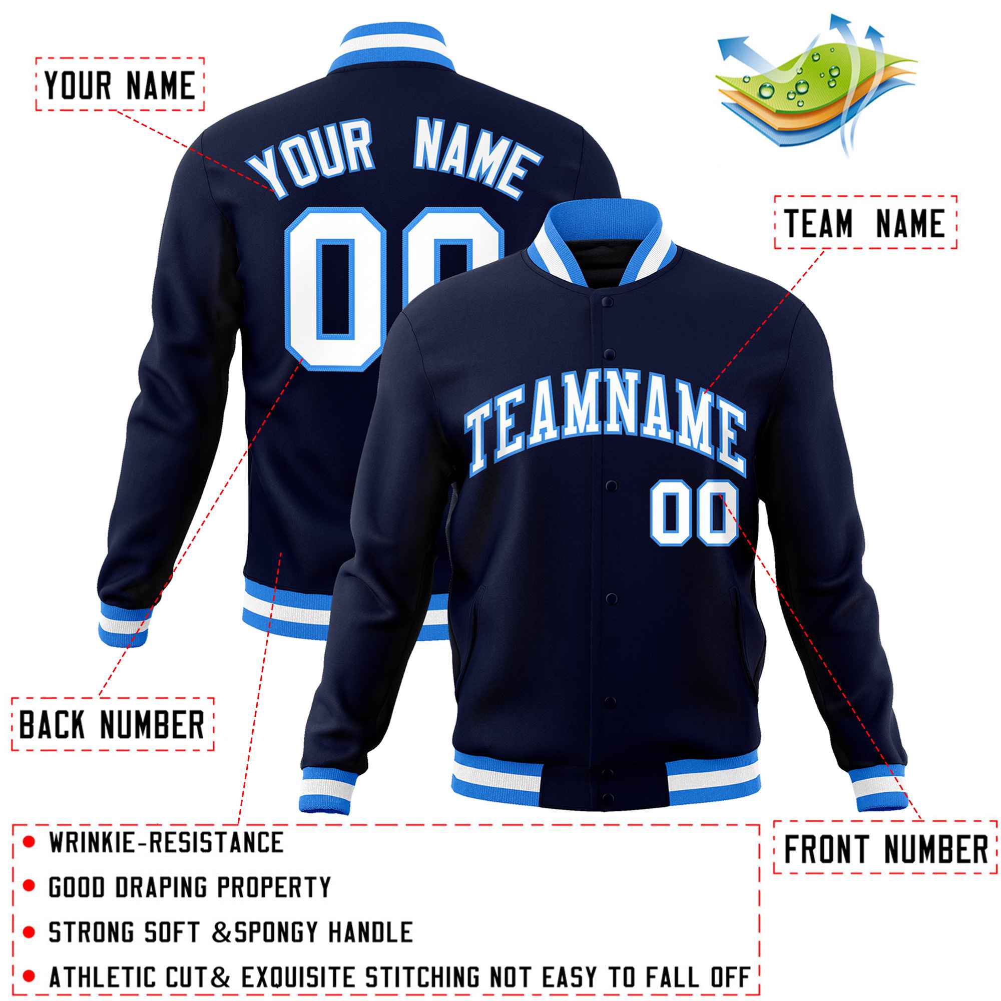 Custom Navy White-Powder Blue Classic Style Varsity Full-Snap Letterman Jacket