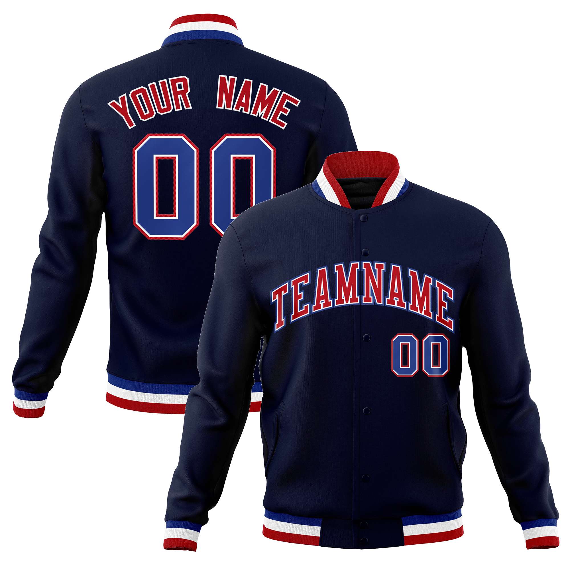 Custom Navy Red-Royal Classic Style Varsity Full-Snap Letterman Jacket