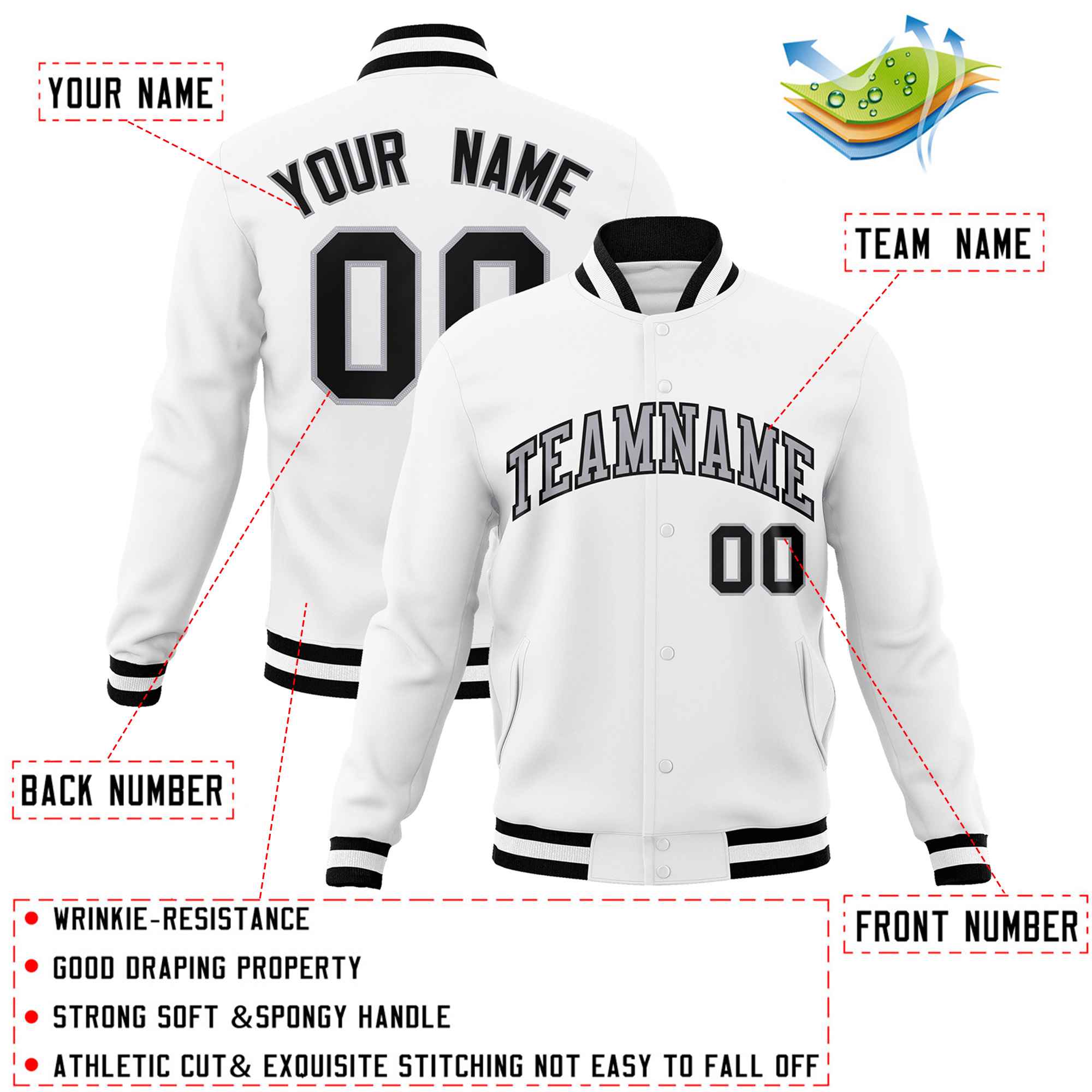 Custom White Gray-Black Classic Style Varsity Full-Snap Letterman Jacket