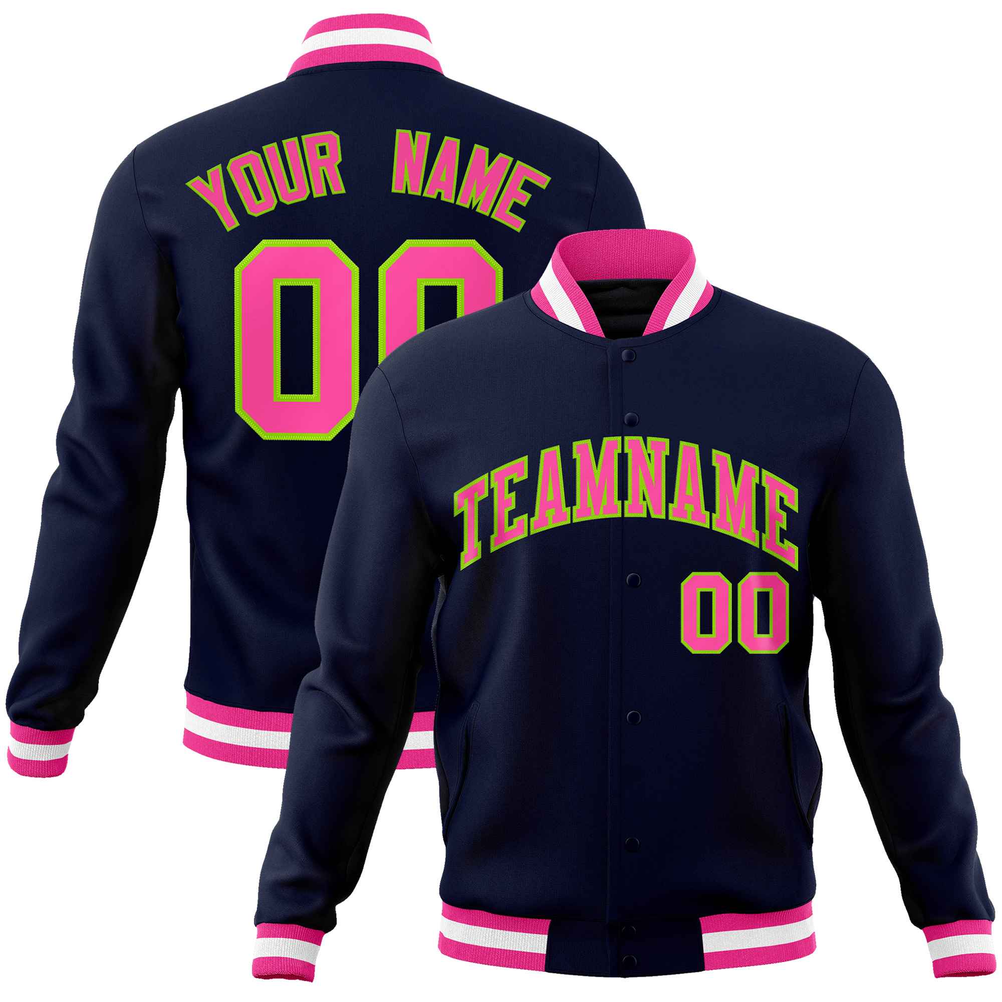 Custom Navy Pink-Neon Green Classic Style Varsity Full-Snap Letterman Jacket