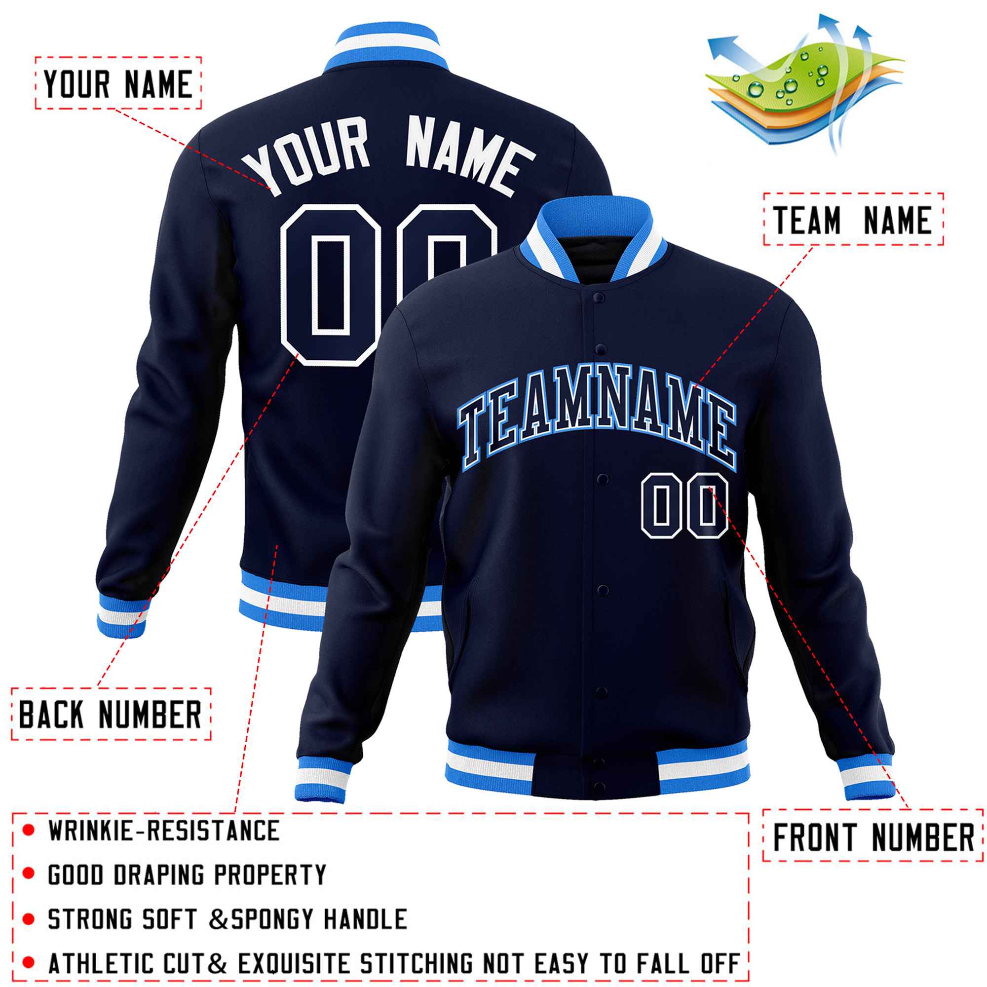 Custom Navy Navy-Powder Blue Classic Style Varsity Full-Snap Letterman Jacket