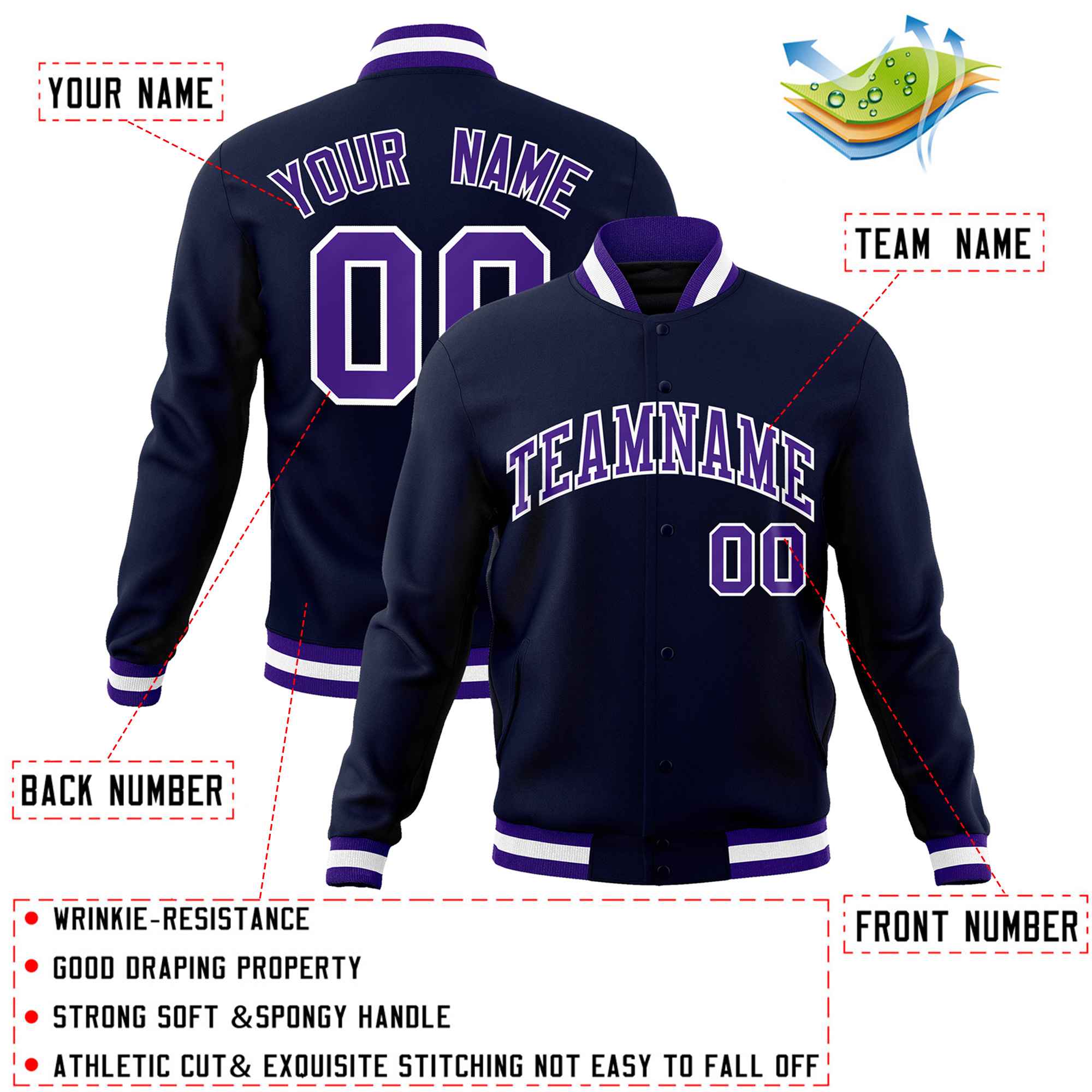 Custom Navy Purple-White Classic Style Varsity Full-Snap Letterman Jacket