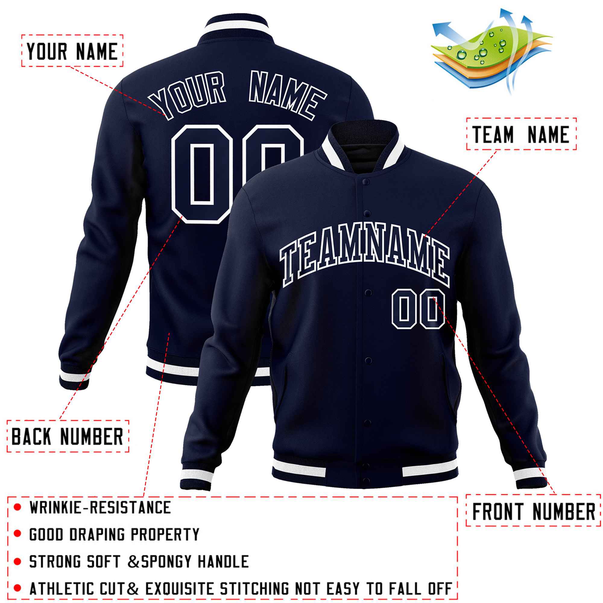 Custom Navy Navy-White Classic Style Varsity Full-Snap Letterman Jacket