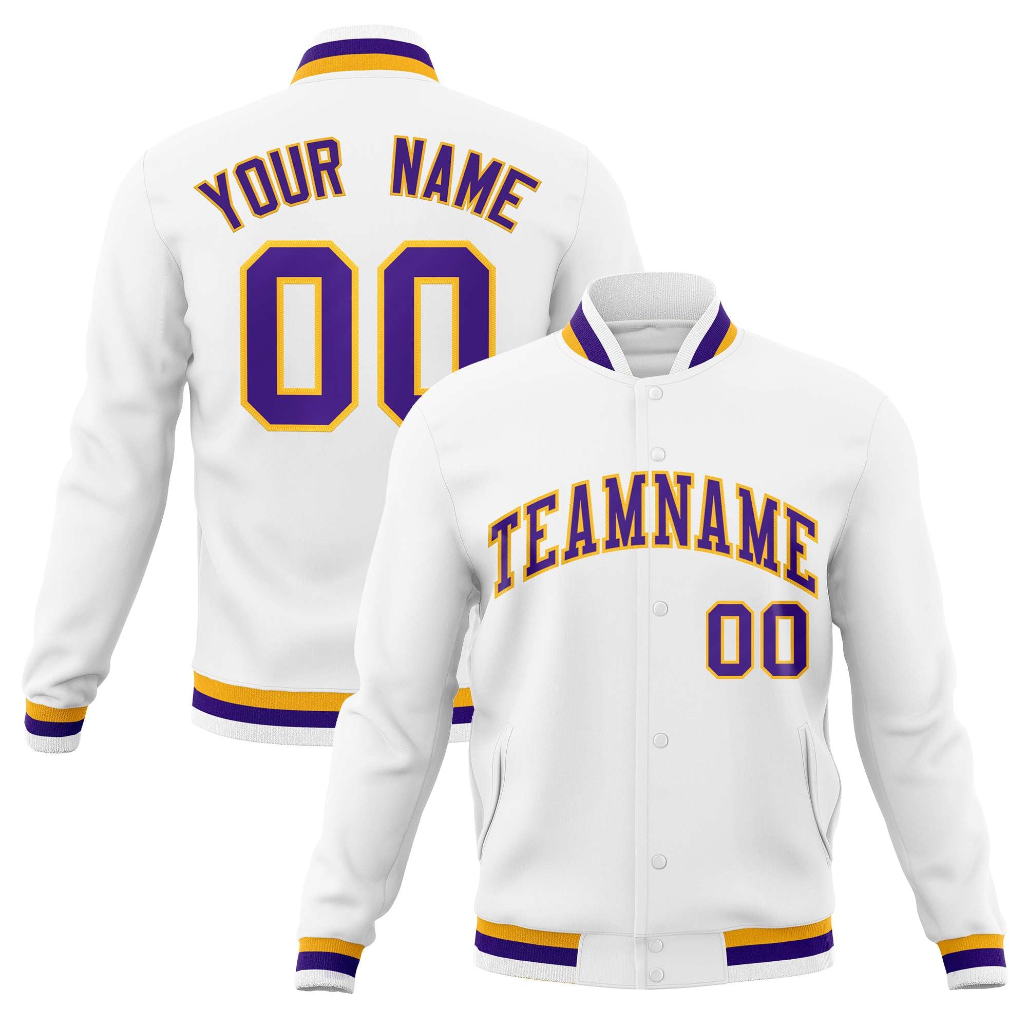 Custom White Purple-Gold Classic Style Varsity Full-Snap Letterman Jacket