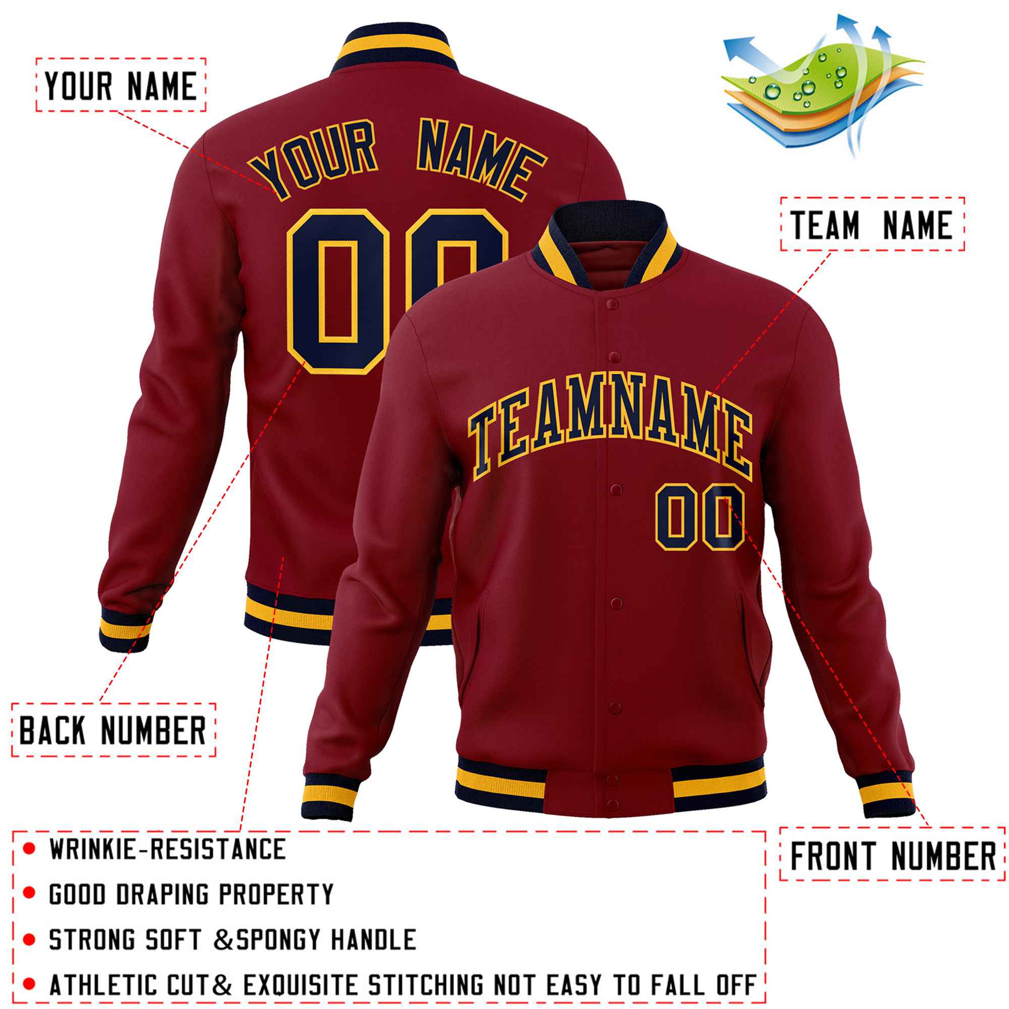 Custom Crimson Navy-Gold Classic Style Varsity Full-Snap Letterman Jacket