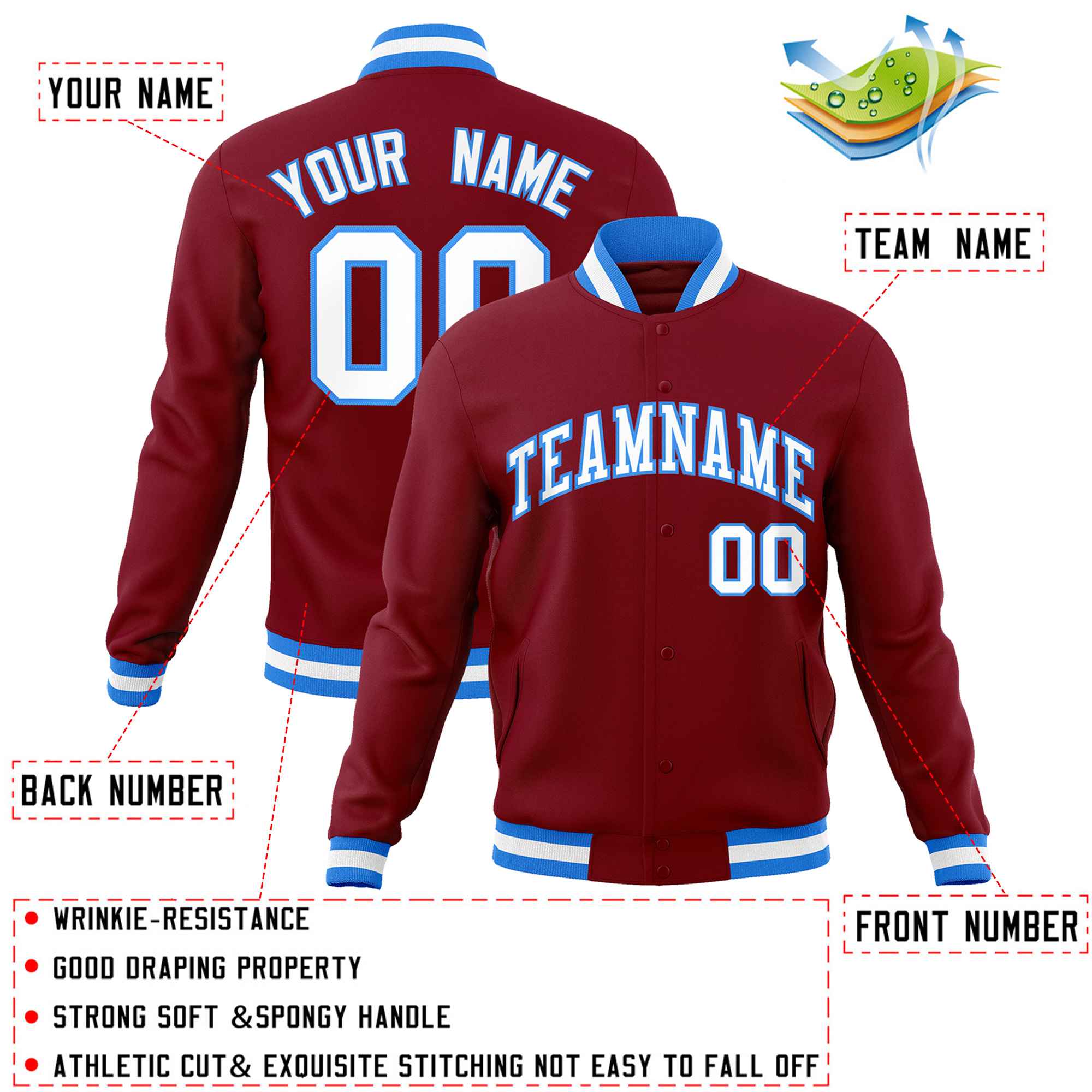 Custom Crimson White-Powder Blue Classic Style Varsity Full-Snap Letterman Jacket