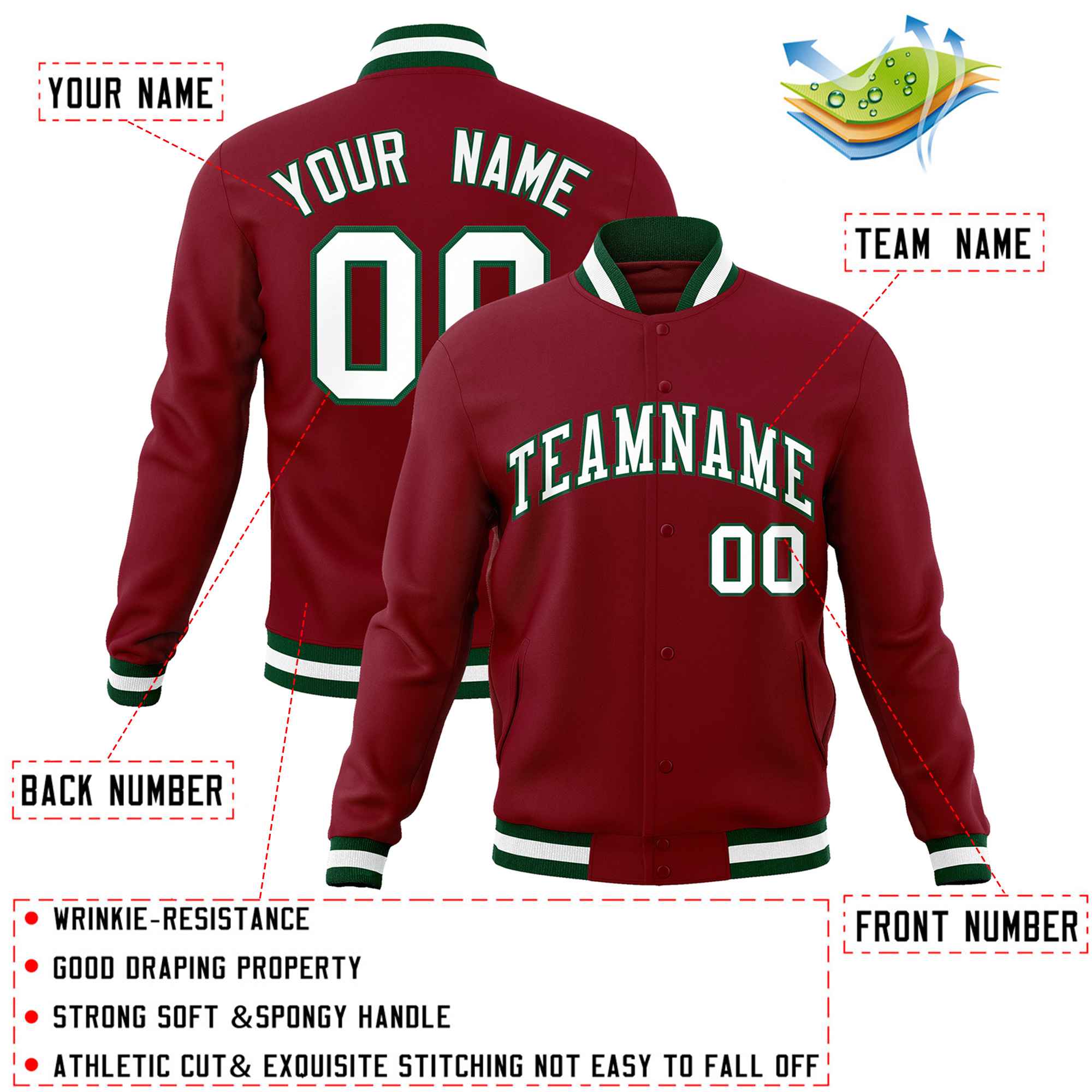 Custom Crimson White-Green Classic Style Varsity Full-Snap Letterman Jacket