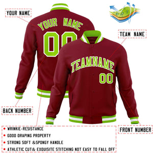 Custom Crimson Neon Green-White Classic Style Varsity Full-Snap Letterman Jacket