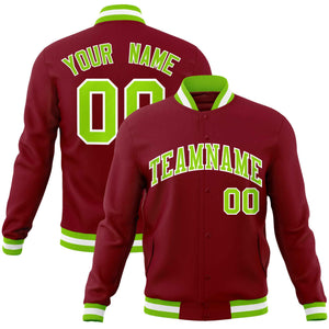 Custom Crimson Neon Green-White Classic Style Varsity Full-Snap Letterman Jacket