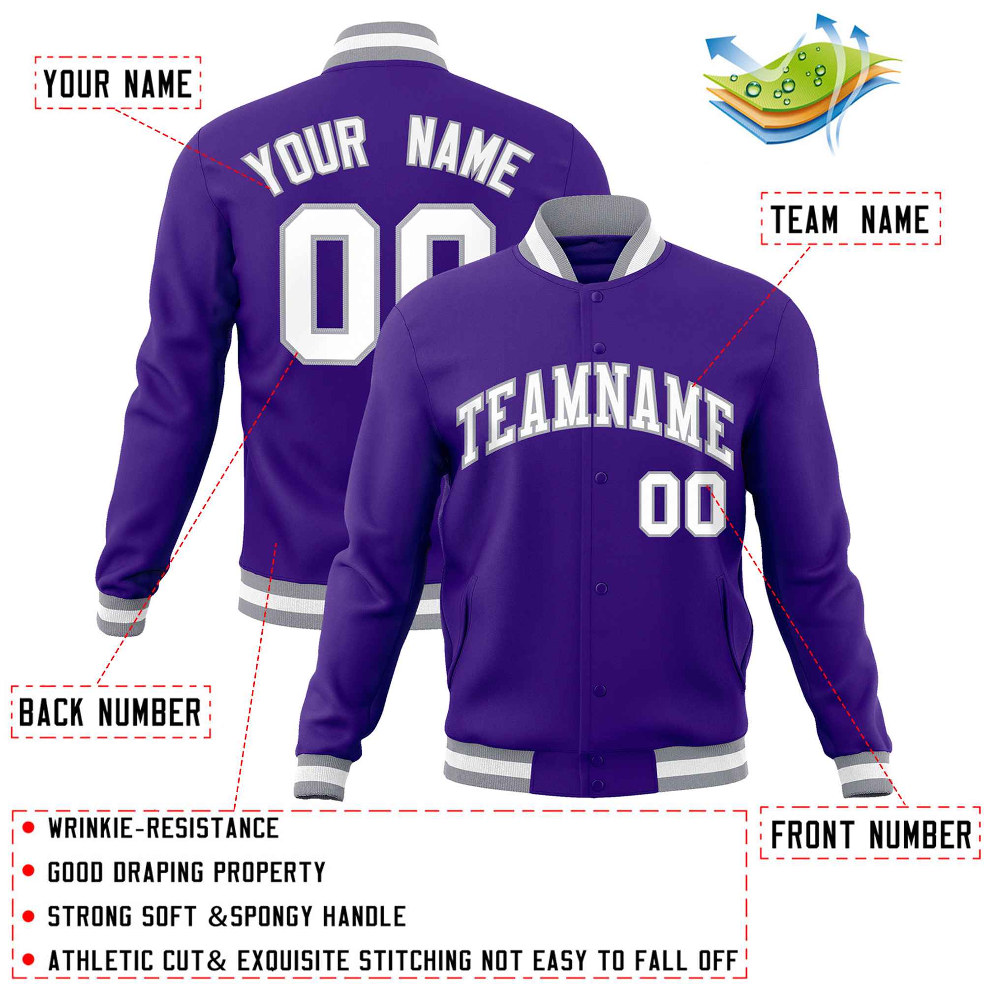 Custom Purple White-Gray Classic Style Varsity Full-Snap Letterman Jacket