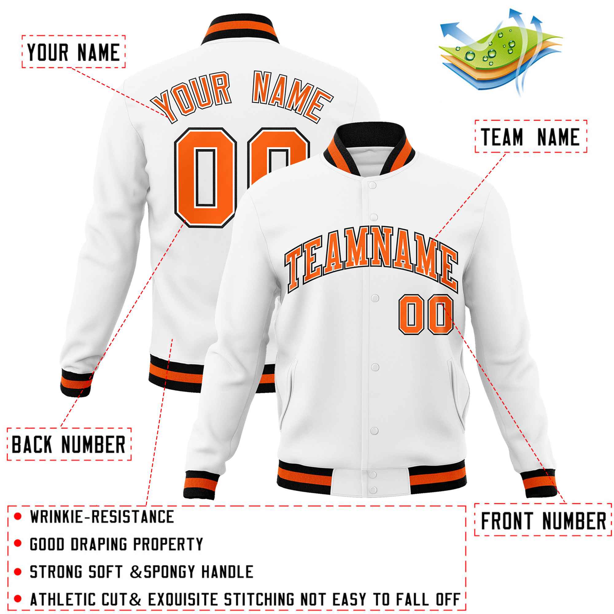 Custom White Orange-Black Classic Style Varsity Full-Snap Letterman Jacket