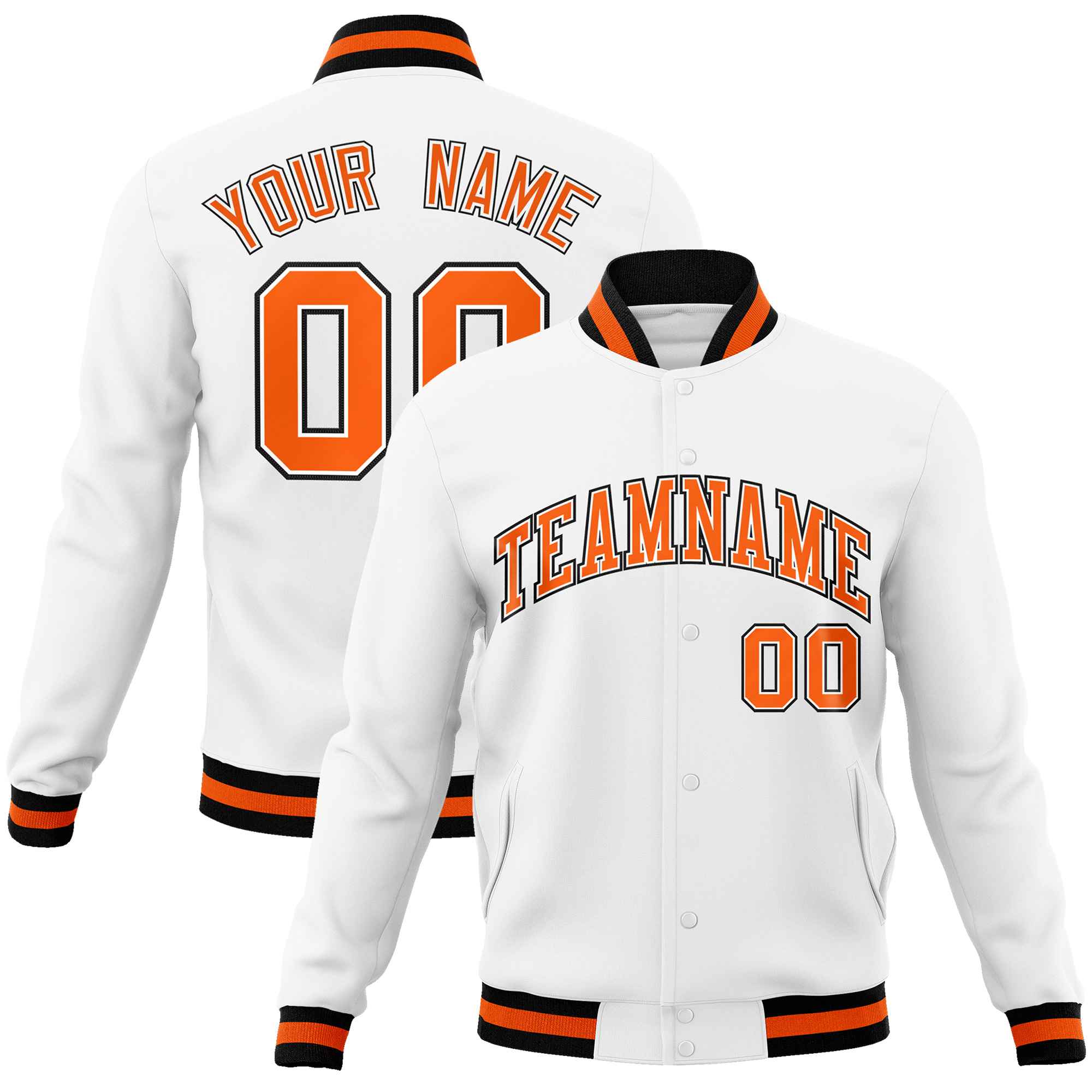 Custom White Orange-Black Classic Style Varsity Full-Snap Letterman Jacket