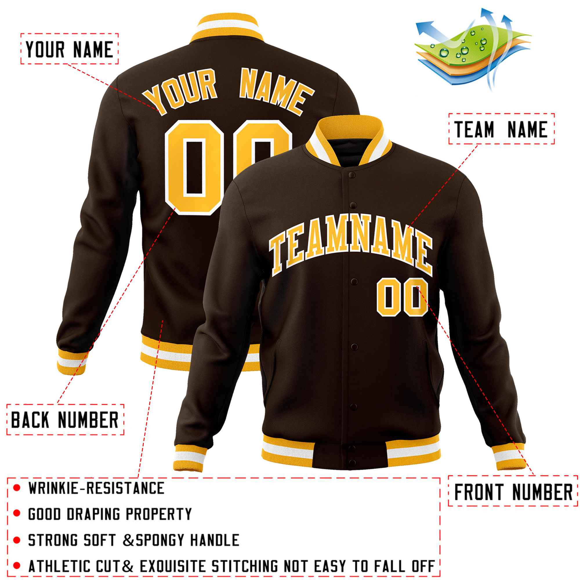 Custom Brown Gold-White Classic Style Varsity Full-Snap Letterman Jacket