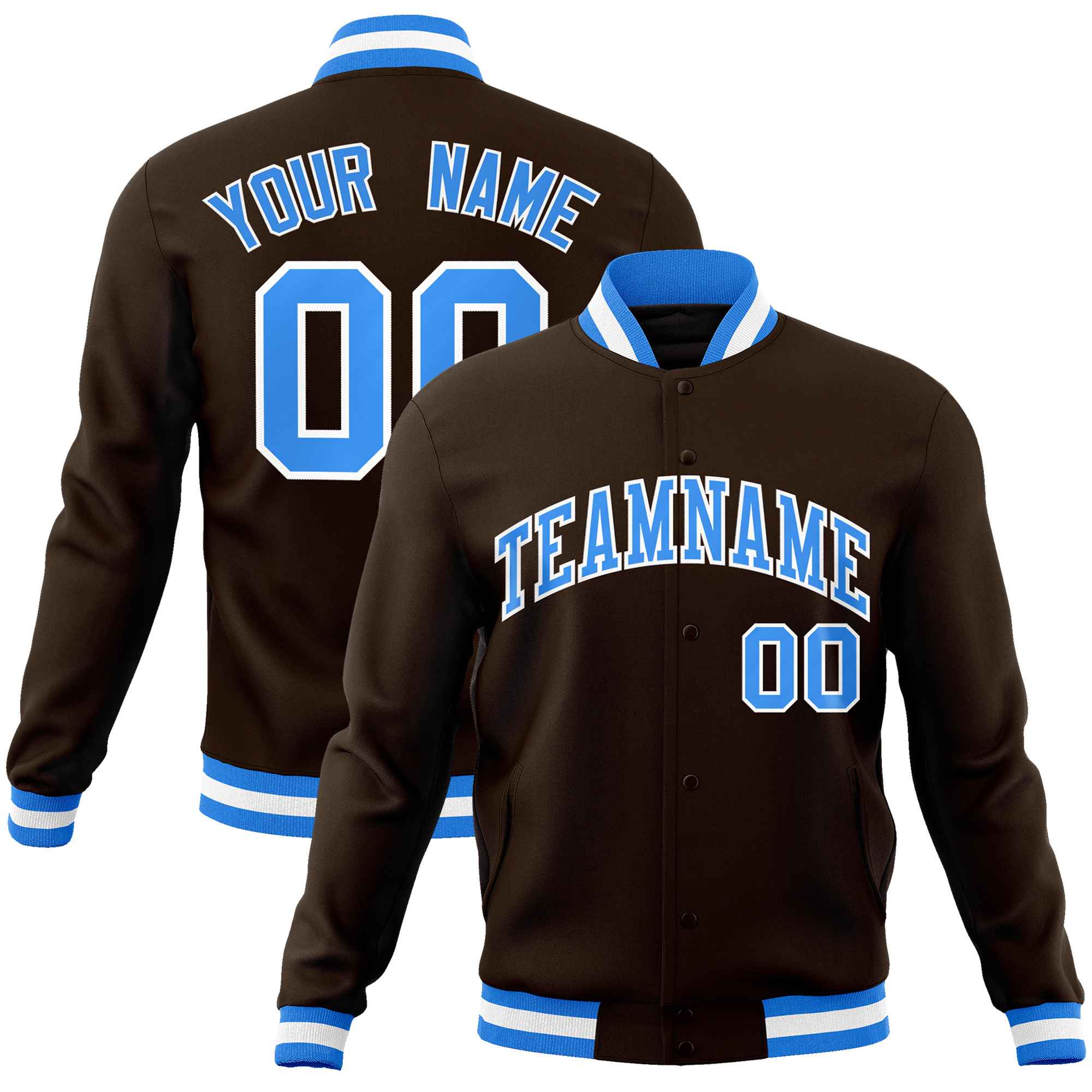 Custom Brown Powder Blue-White Classic Style Varsity Full-Snap Letterman Jacket