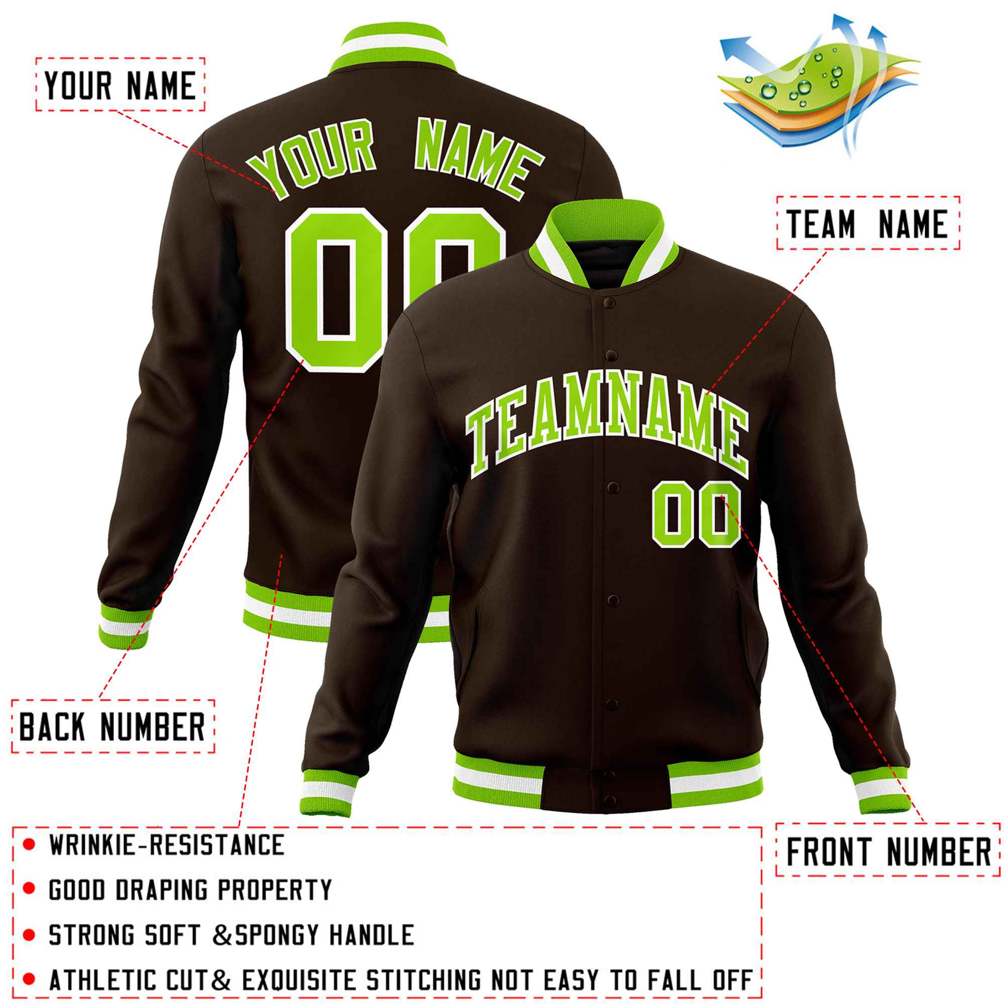 Custom Brown Neon Green-White Classic Style Varsity Full-Snap Letterman Jacket