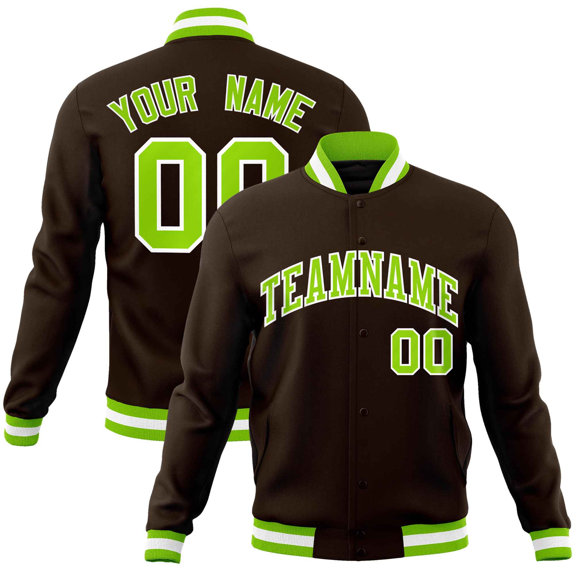 Custom Brown Neon Green-White Classic Style Varsity Full-Snap Letterman Jacket