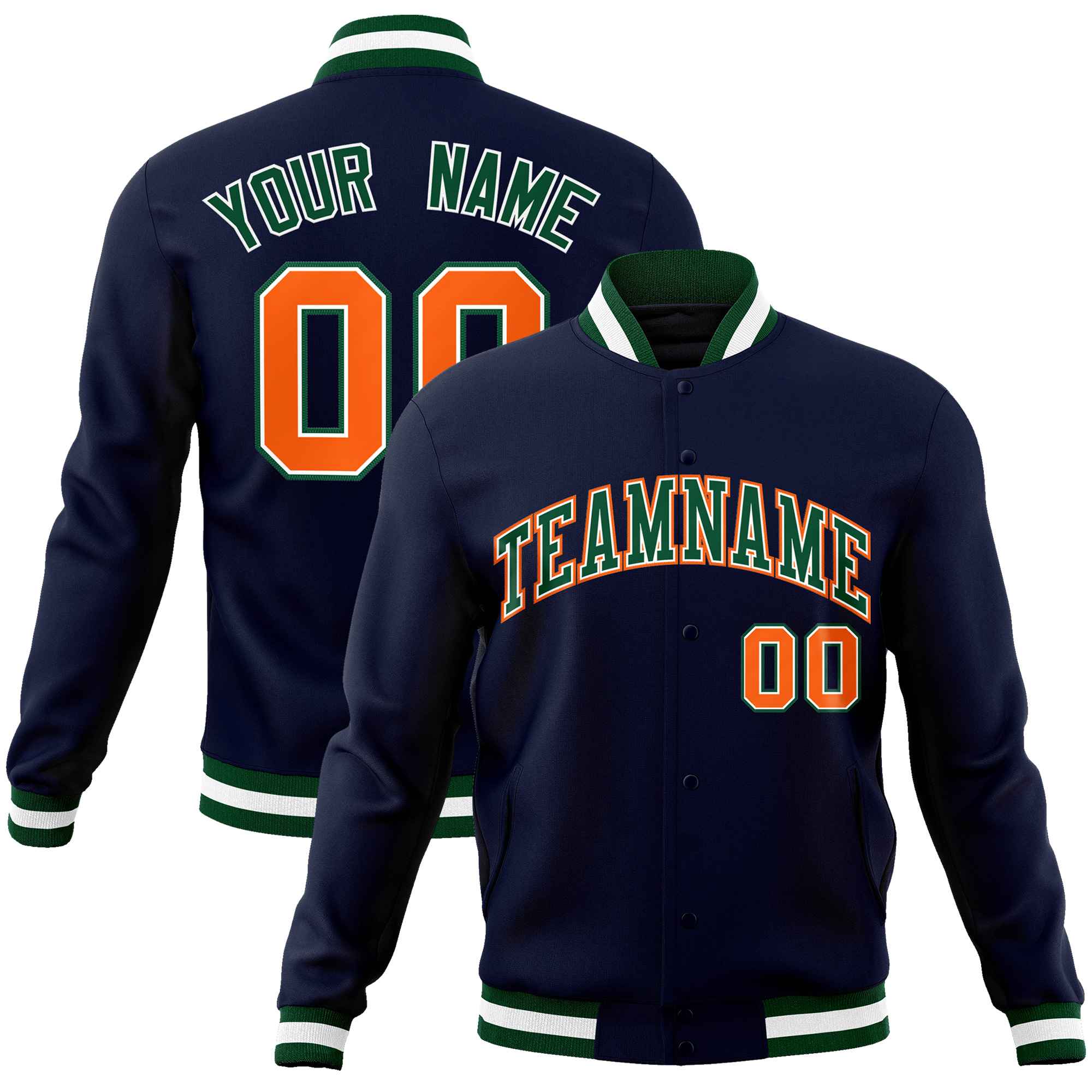 Custom Navy Green-Orange Classic Style Varsity Full-Snap Letterman Jacket