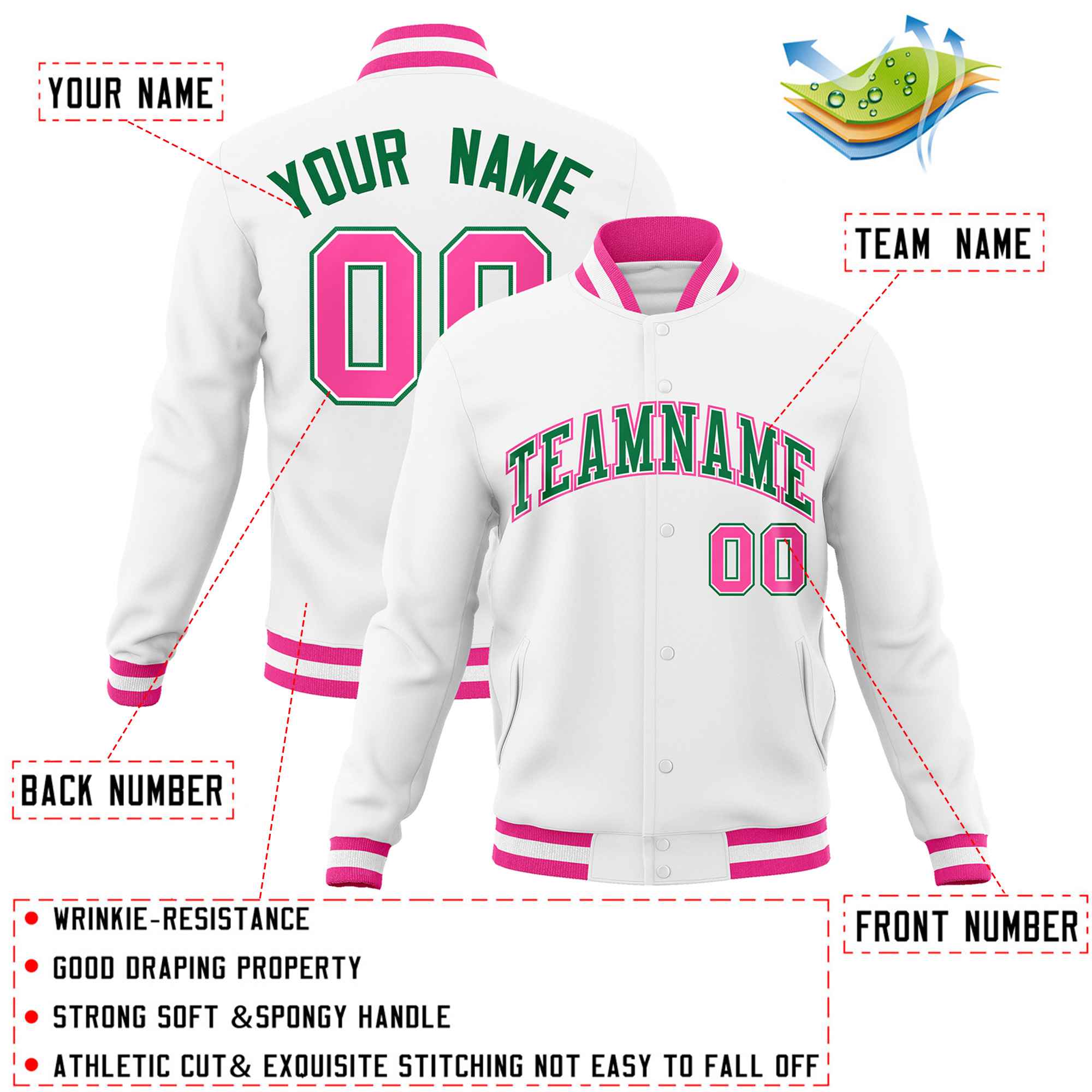 Custom White Kelly Green-Pink Classic Style Varsity Full-Snap Letterman Jacket