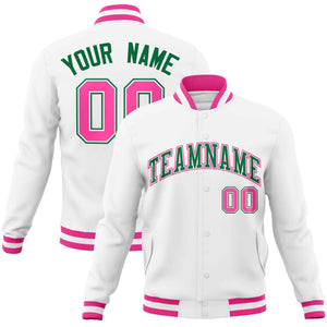 Custom White Kelly Green-Pink Classic Style Varsity Full-Snap Letterman Jacket