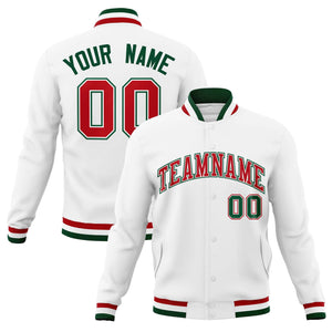 Custom White Red-Green Classic Style Varsity Full-Snap Letterman Jacket