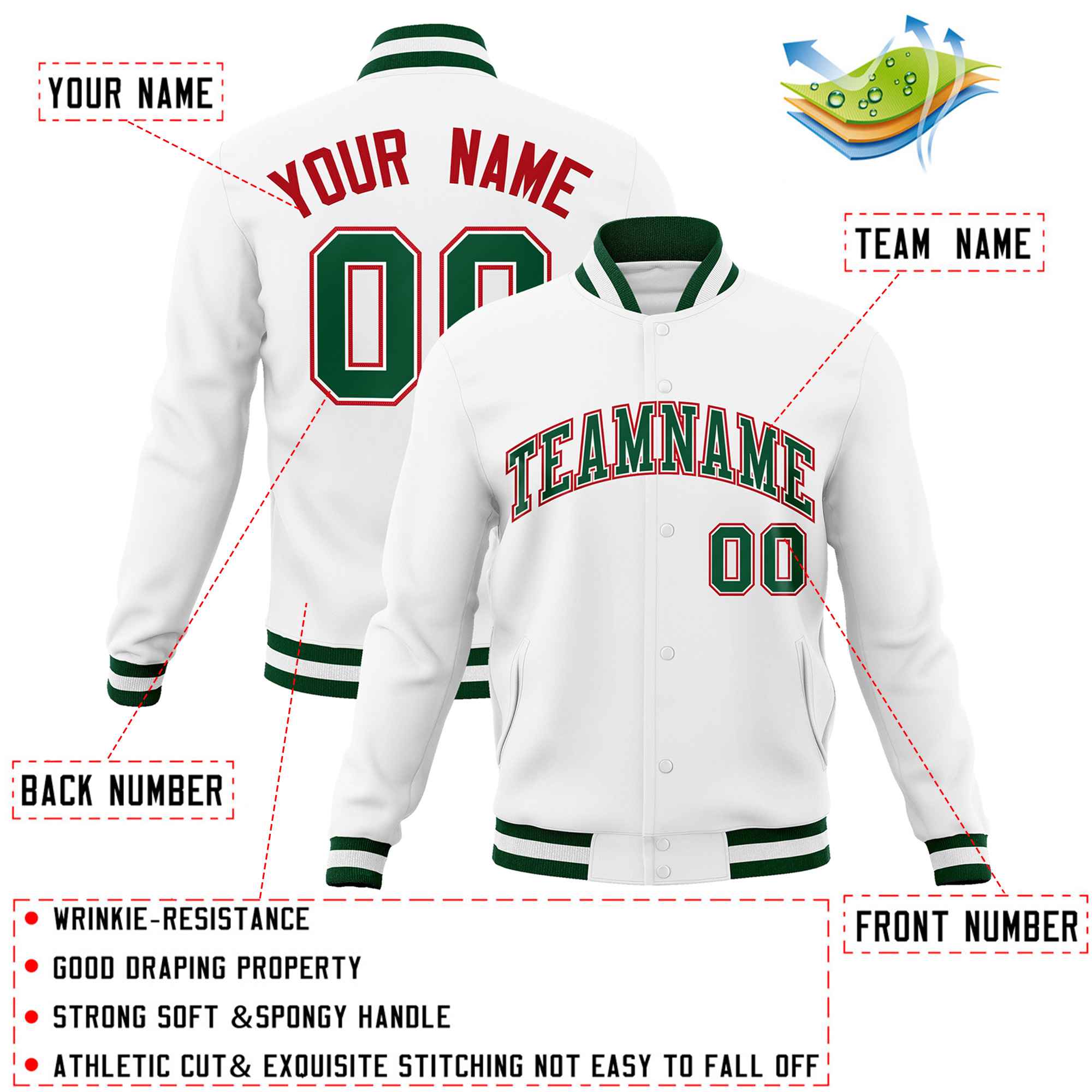 Custom White Green-Red Classic Style Varsity Full-Snap Letterman Jacket