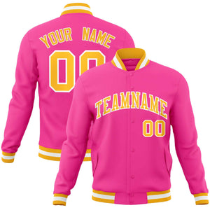 Custom Pink Yellow-White Classic Style Varsity Full-Snap Letterman Jacket