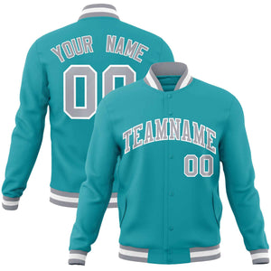 Custom Aqua Gray-White Classic Style Varsity Full-Snap Letterman Jacket