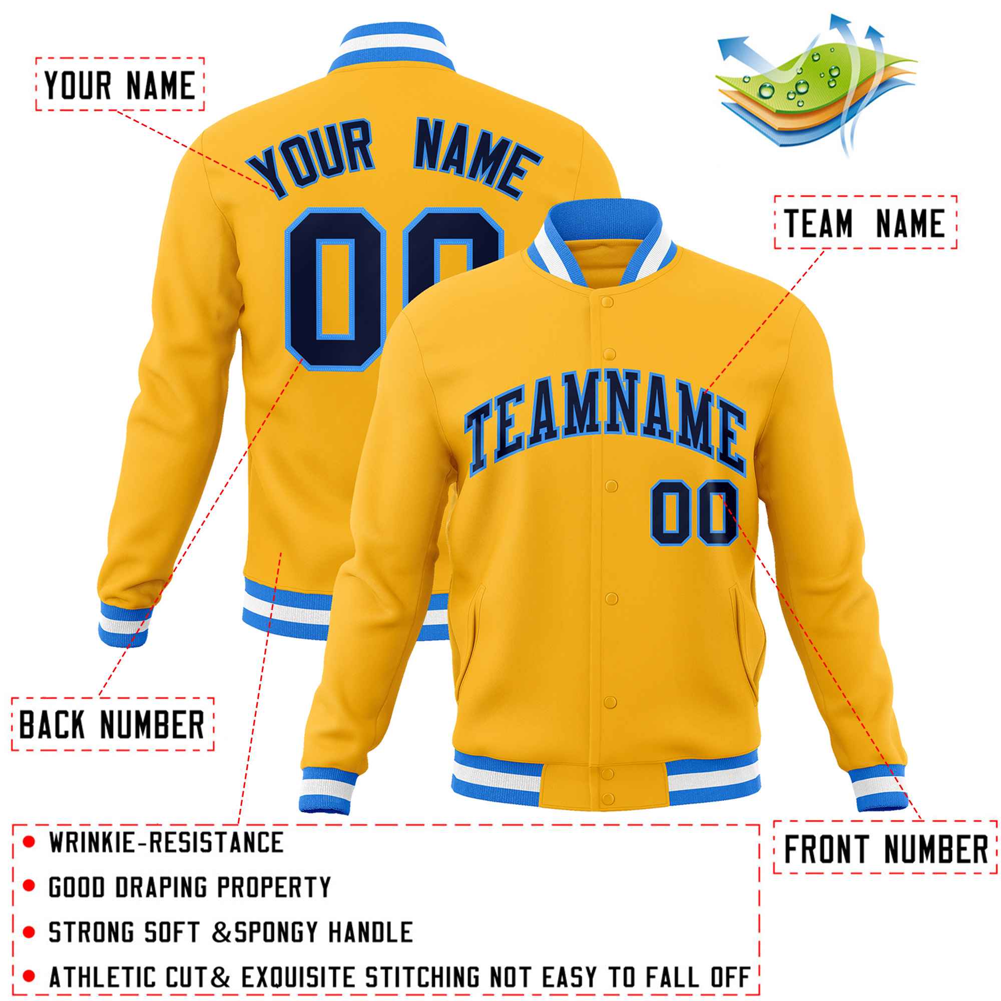 Custom Yellow Navy-Powder Blue Classic Style Varsity Full-Snap Letterman Jacket