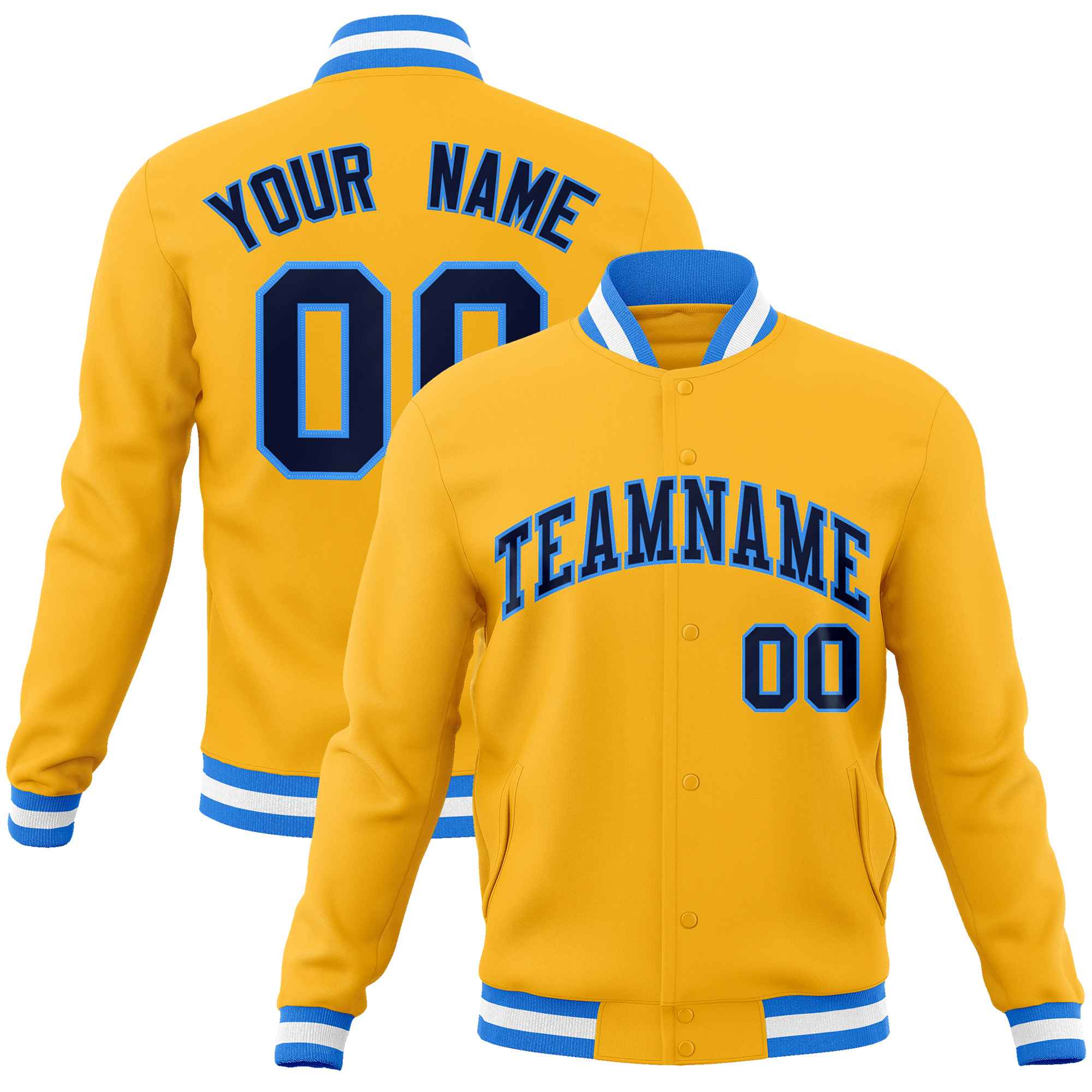 Custom Yellow Navy-Powder Blue Classic Style Varsity Full-Snap Letterman Jacket