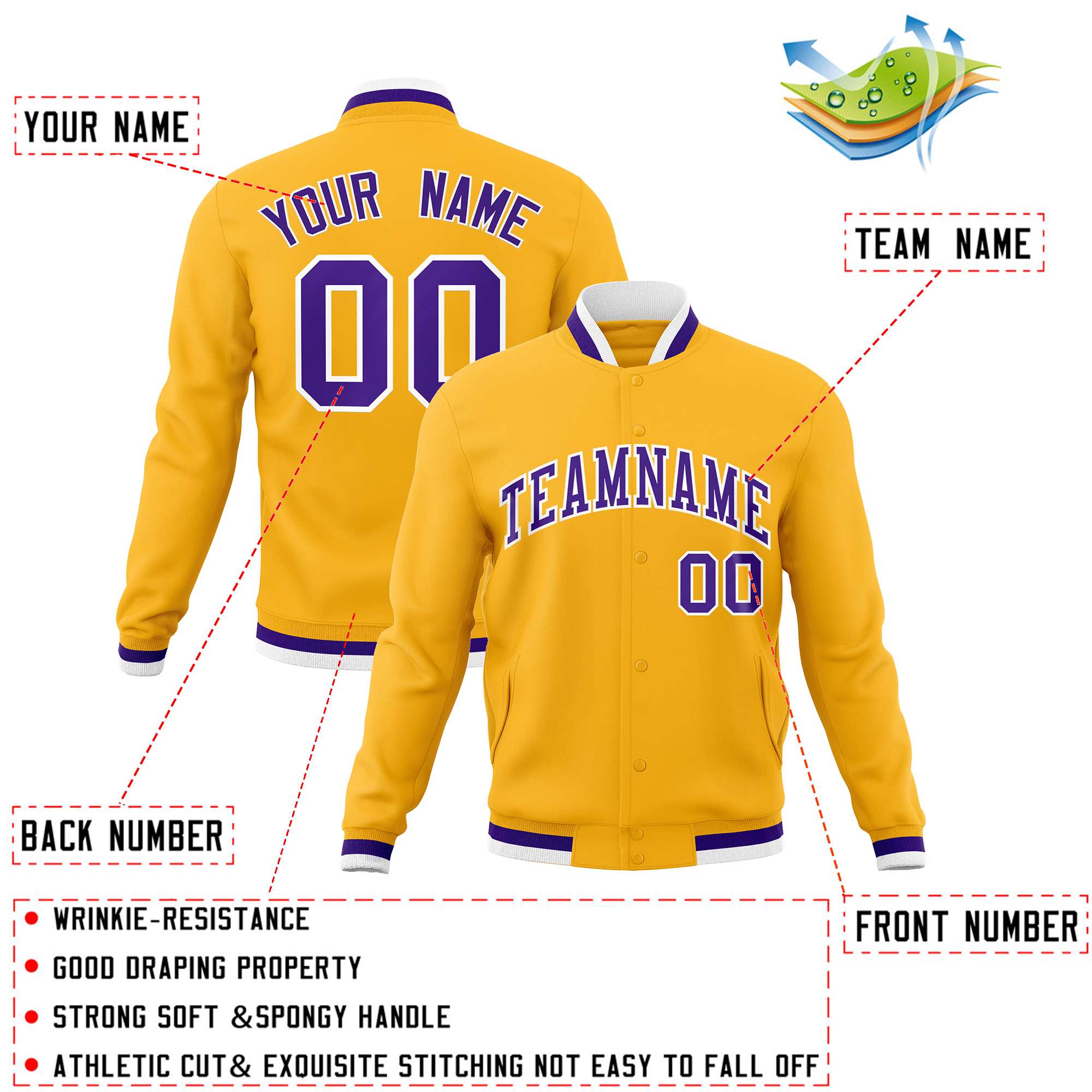 Custom Yellow Purple-White Classic Style Varsity Full-Snap Letterman Jacket