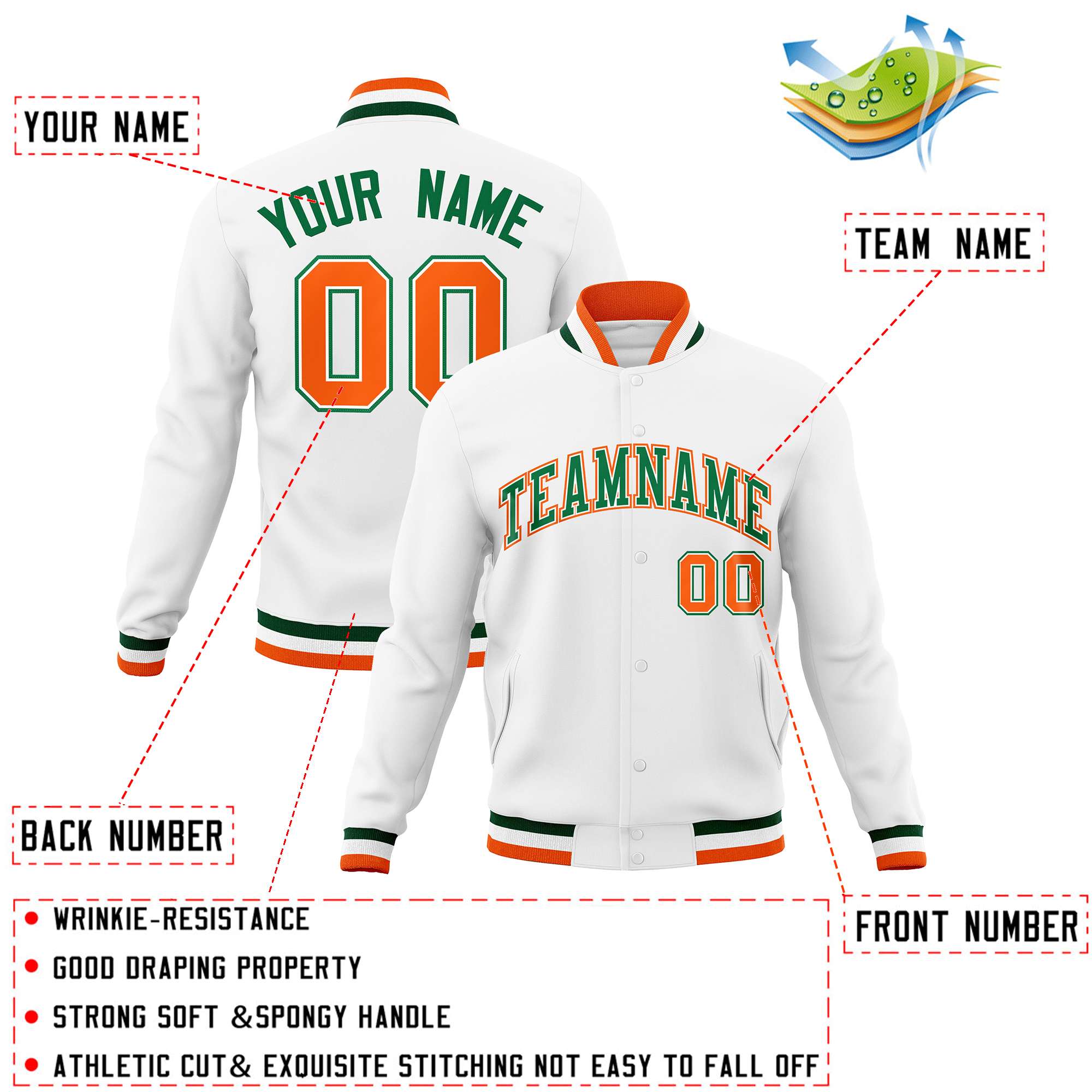 Custom White Green-Orange Classic Style Varsity Full-Snap Letterman Jacket