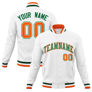 Custom White Green-Orange Classic Style Varsity Full-Snap Letterman Jacket