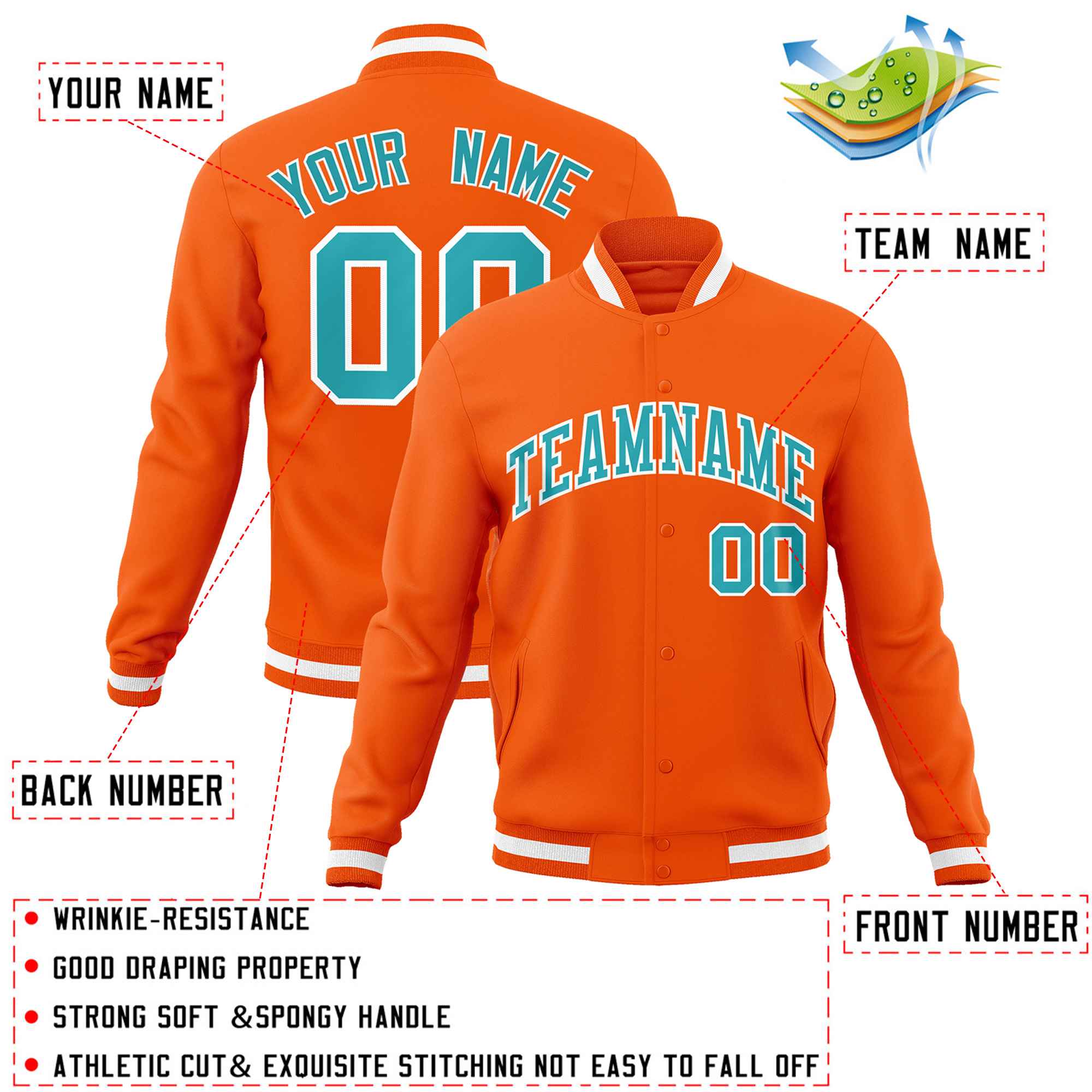 Custom Orange Aqua-White Classic Style Varsity Full-Snap Letterman Jacket